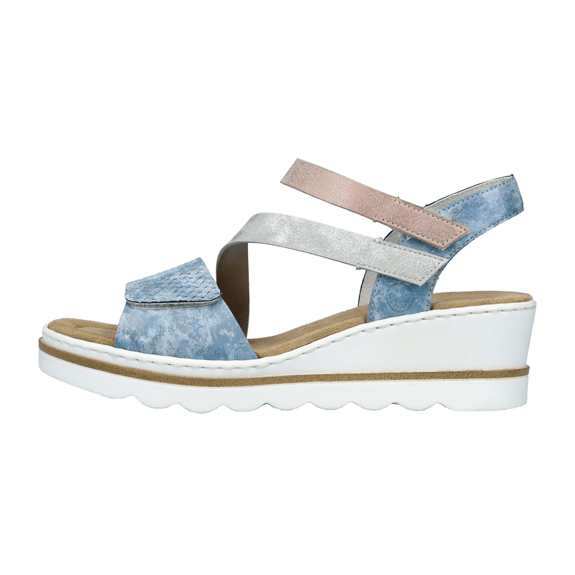 Rieker Blue Combination Women's Sandals with Wedge Heel and Open Toe