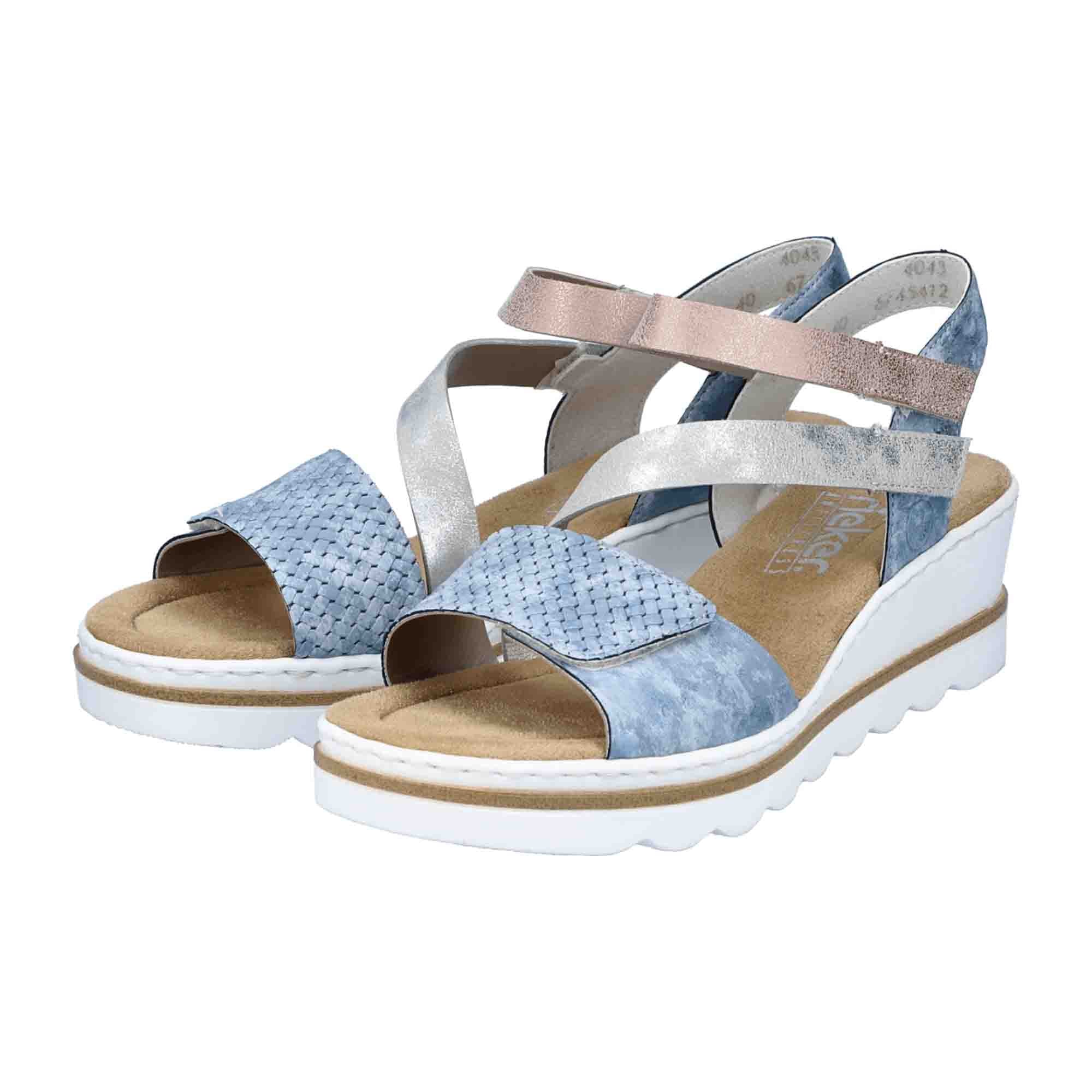 Rieker Blue Combination Women's Sandals with Wedge Heel and Open Toe