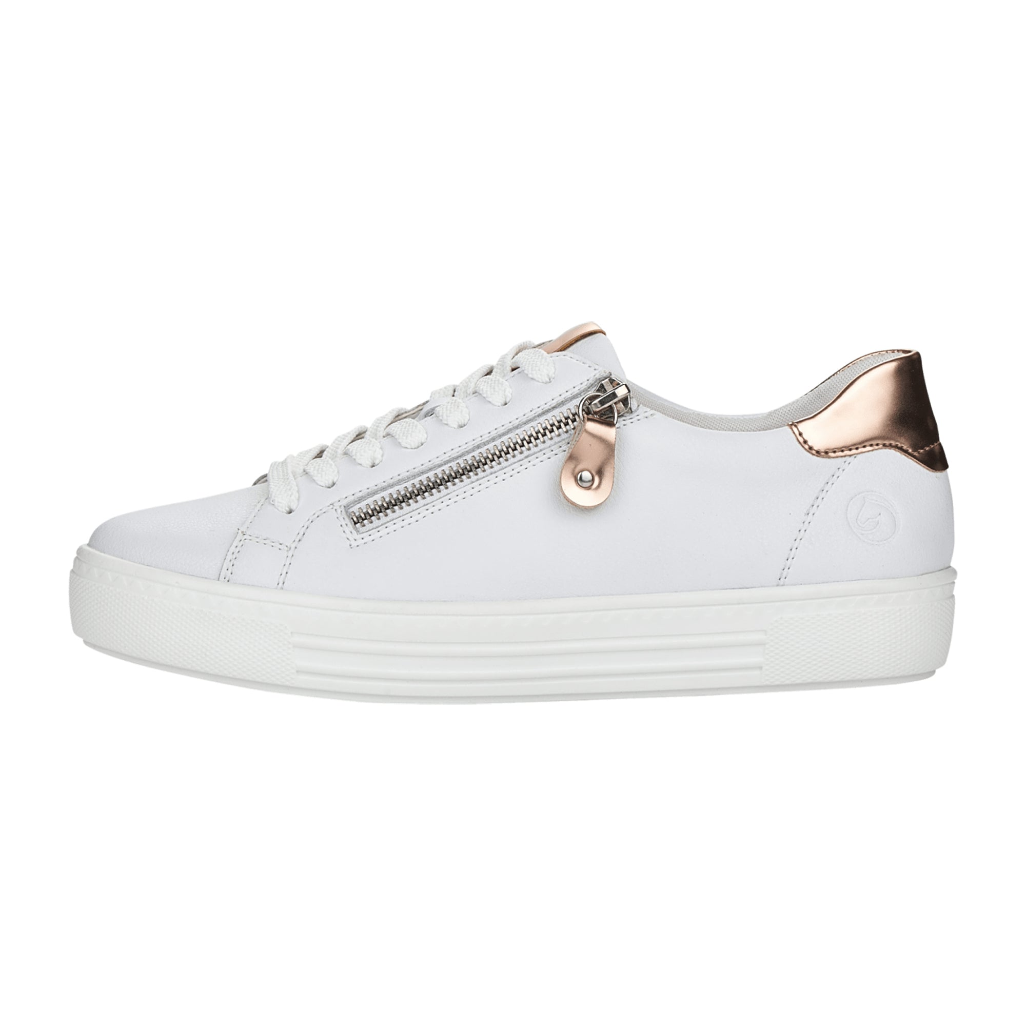Remonte White Leather Sneakers for Women with Zipper and Laces