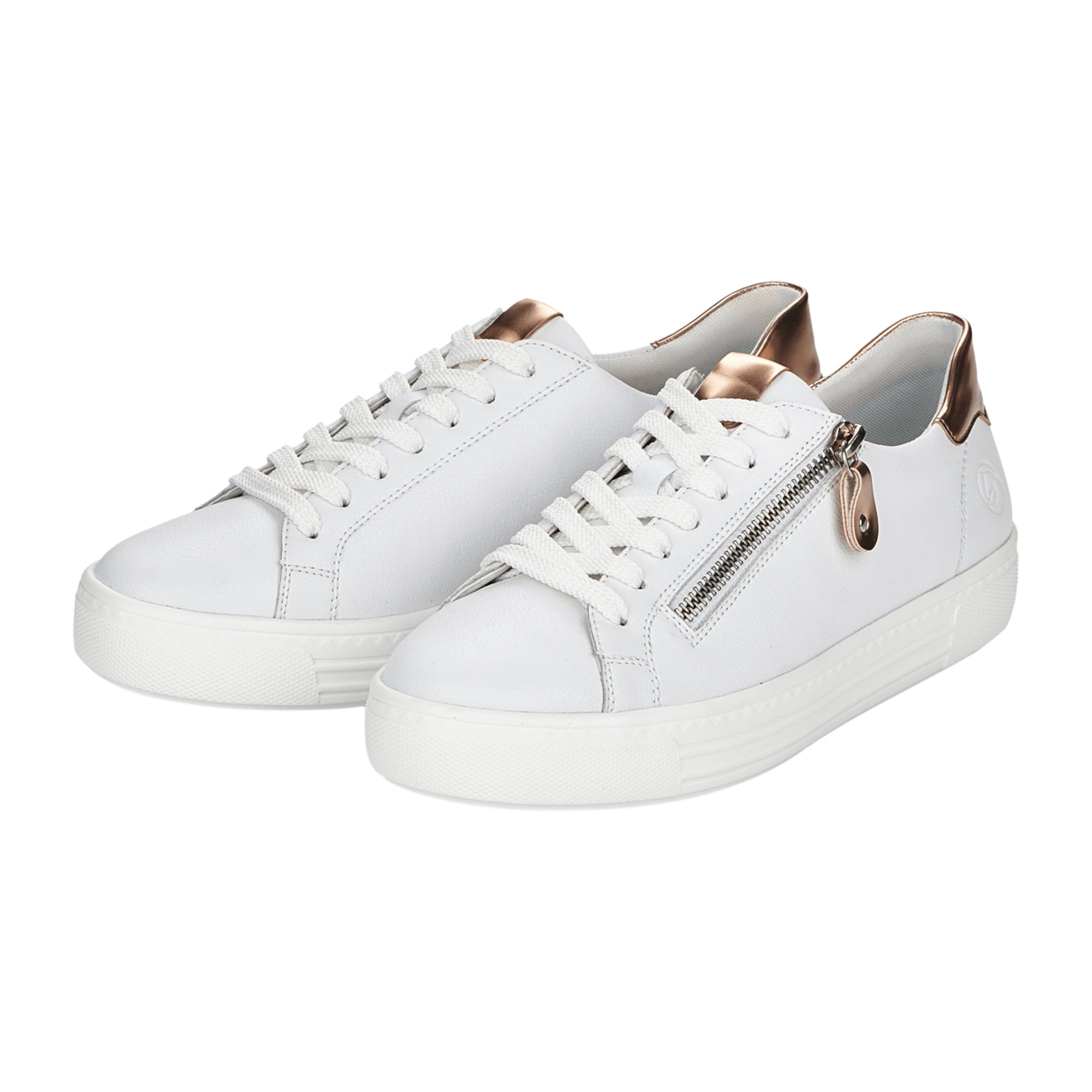 Remonte White Leather Sneakers for Women with Zipper and Laces