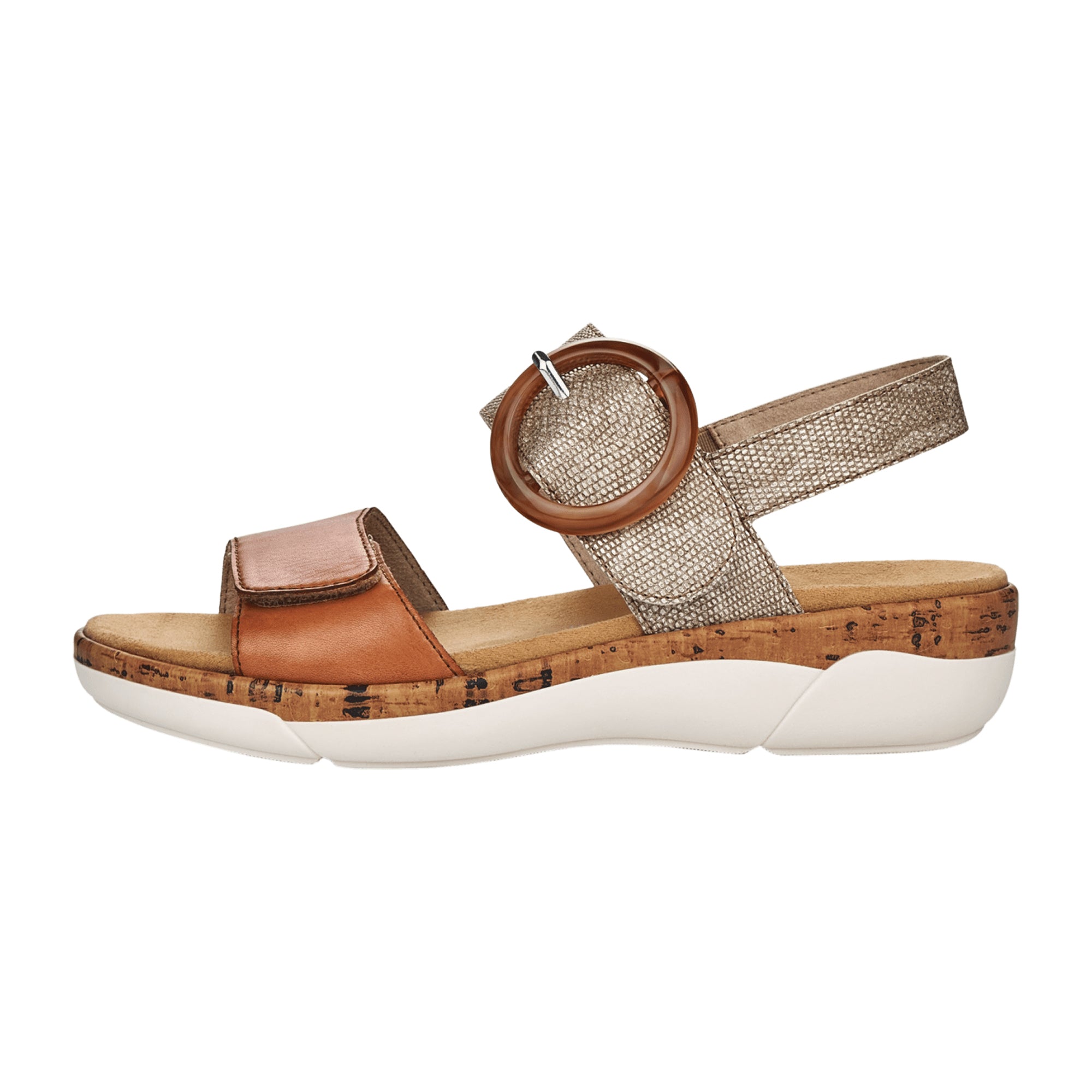 Remonte Beige Leather Sandals for Women with Velcro Strap and Comfy Sole