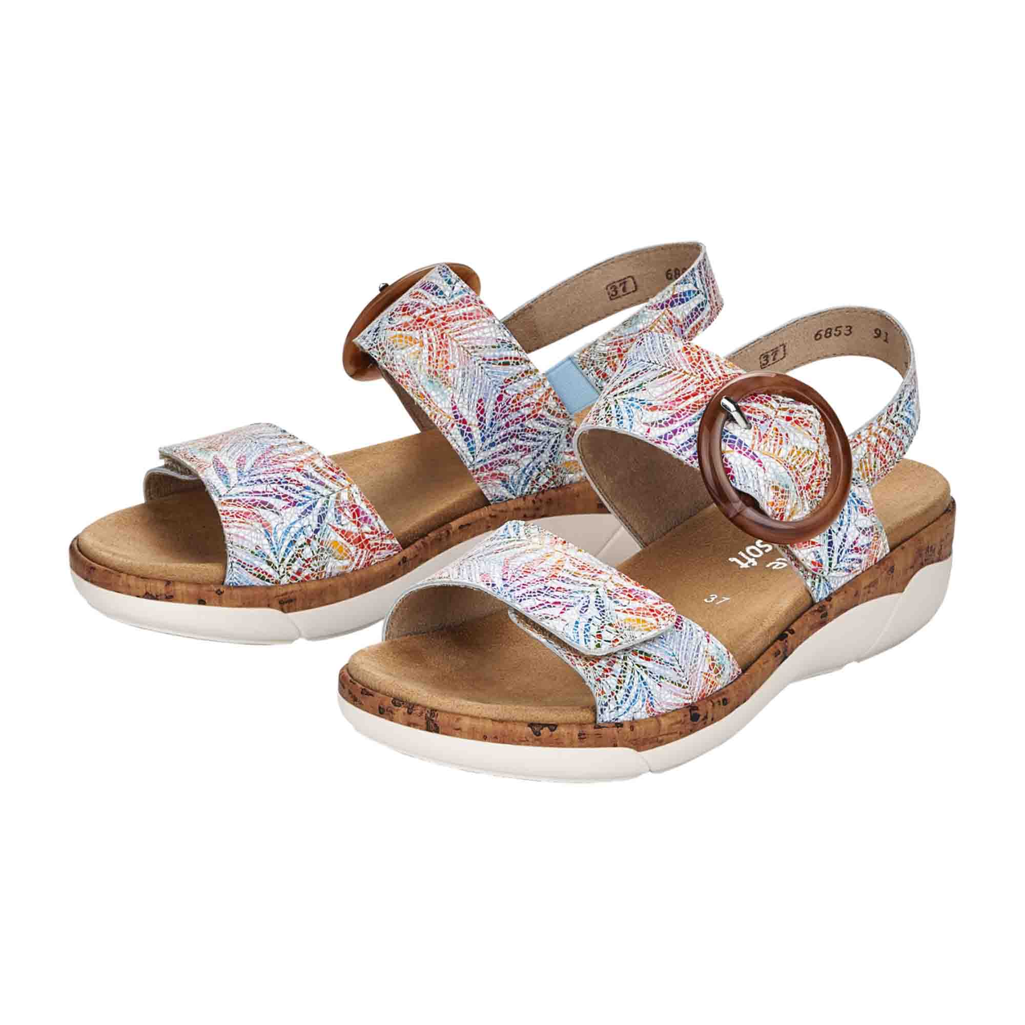 Remonte Women's Colorful Leather Sandals with Wedge Heel and Strap Closure