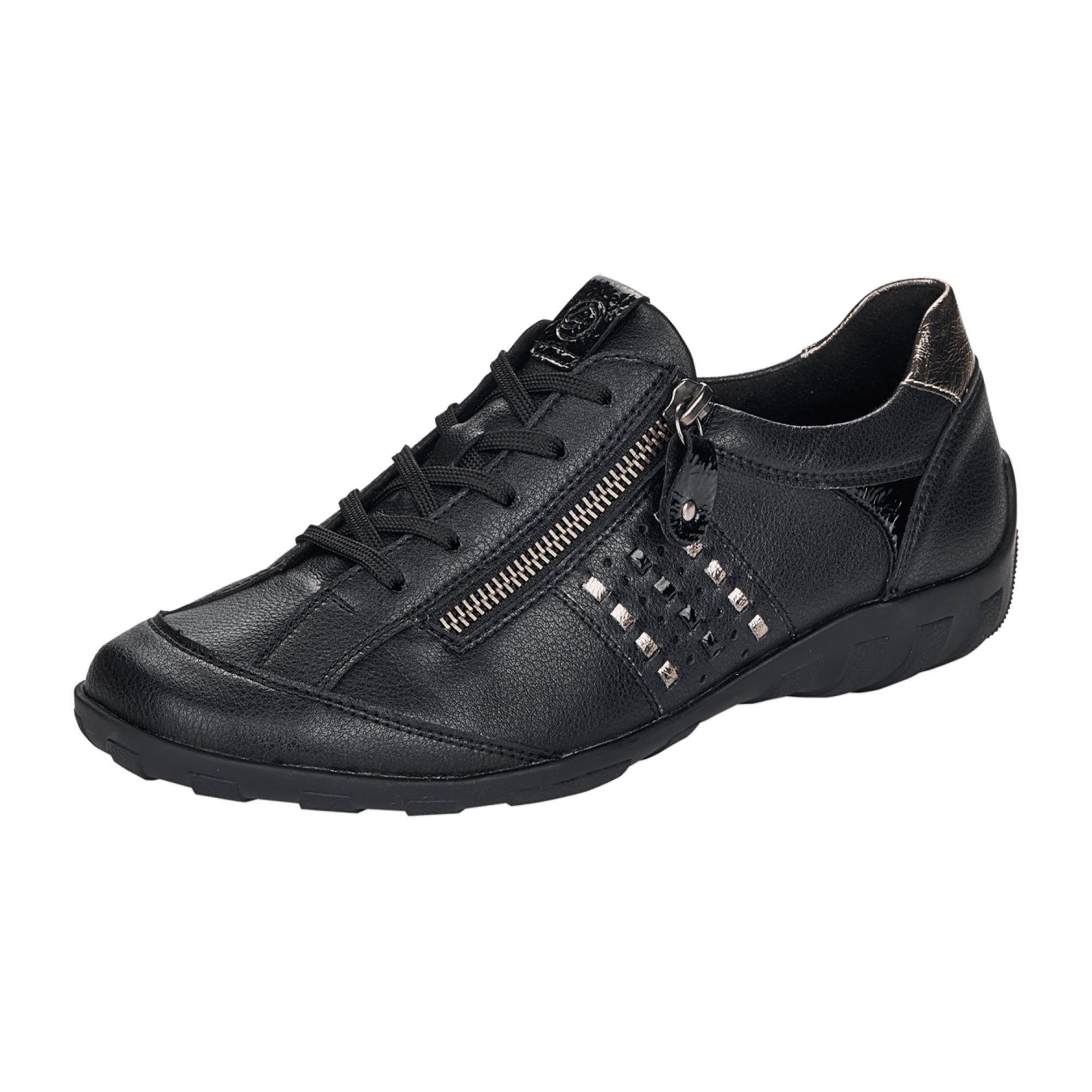 Remonte Women's Black Leather Lace-Up Shoes with Zipper and Cushioned Insole