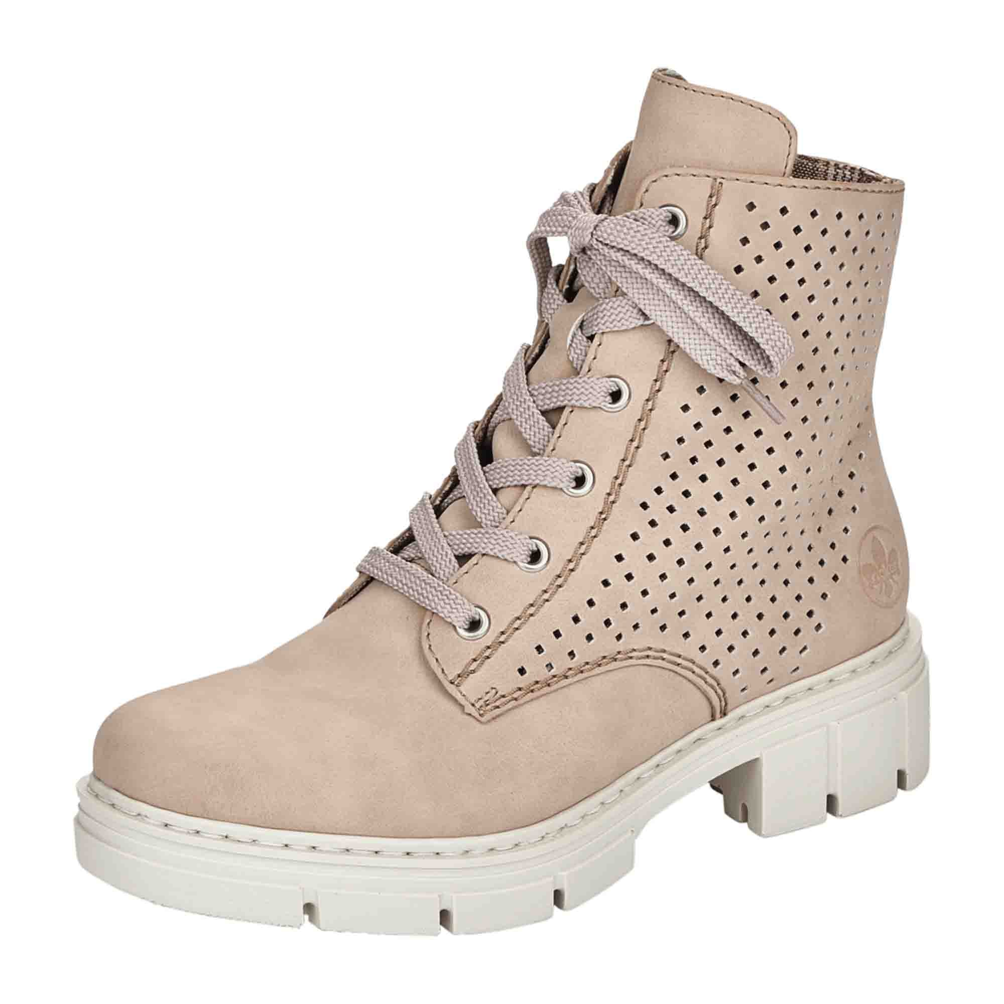 Rieker Women's Beige Lace-Up Ankle Boots with Cold Lining and Block Heel