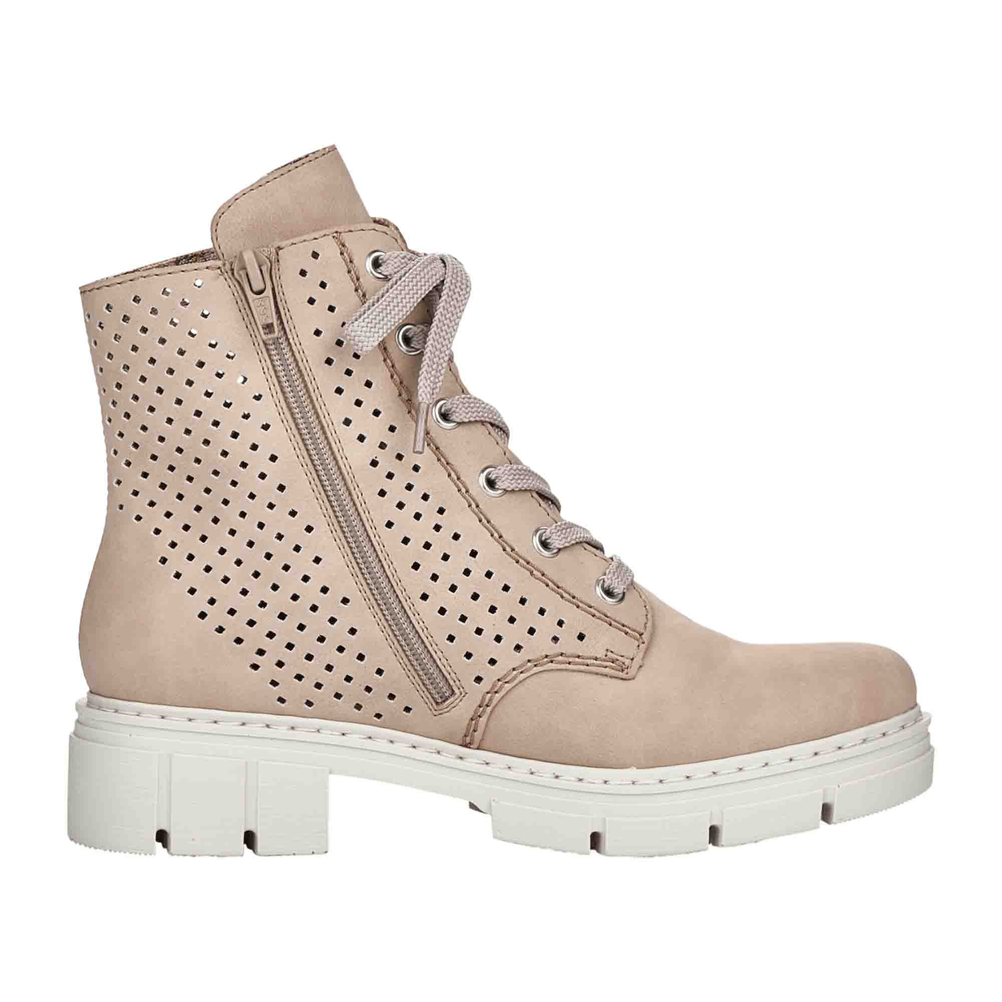 Rieker Women's Beige Lace-Up Ankle Boots with Cold Lining and Block Heel