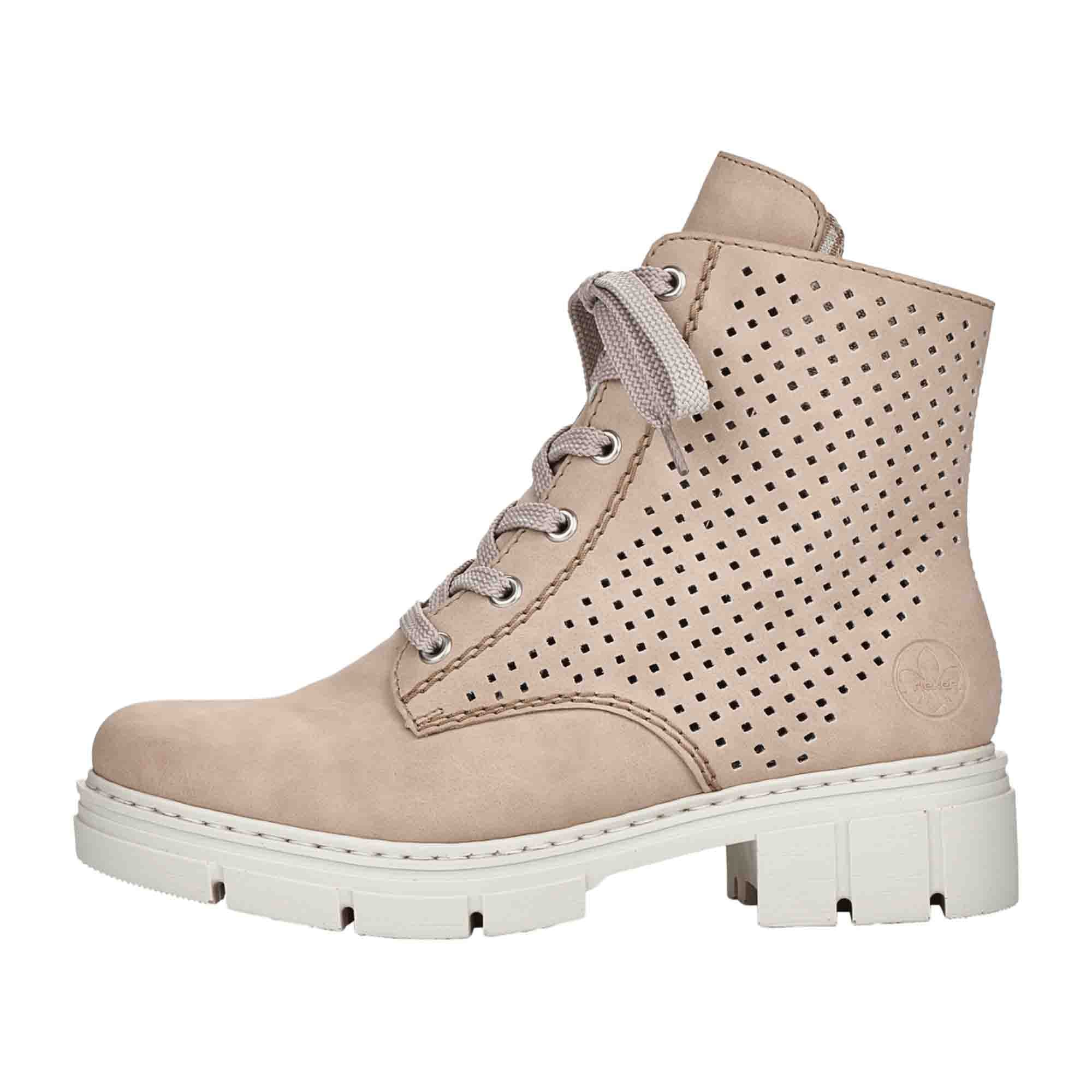Rieker Women's Beige Lace-Up Ankle Boots with Cold Lining and Block Heel