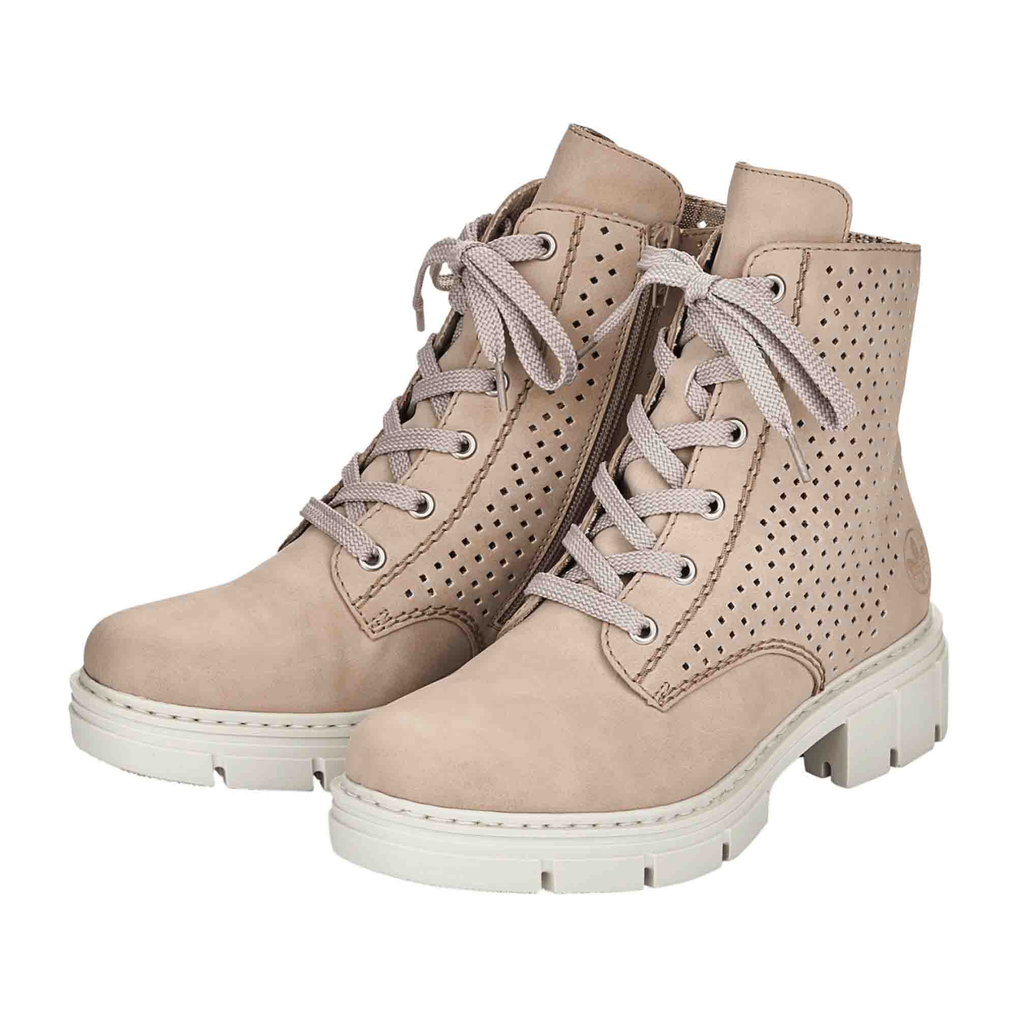Rieker Women's Beige Lace-Up Ankle Boots with Cold Lining and Block Heel