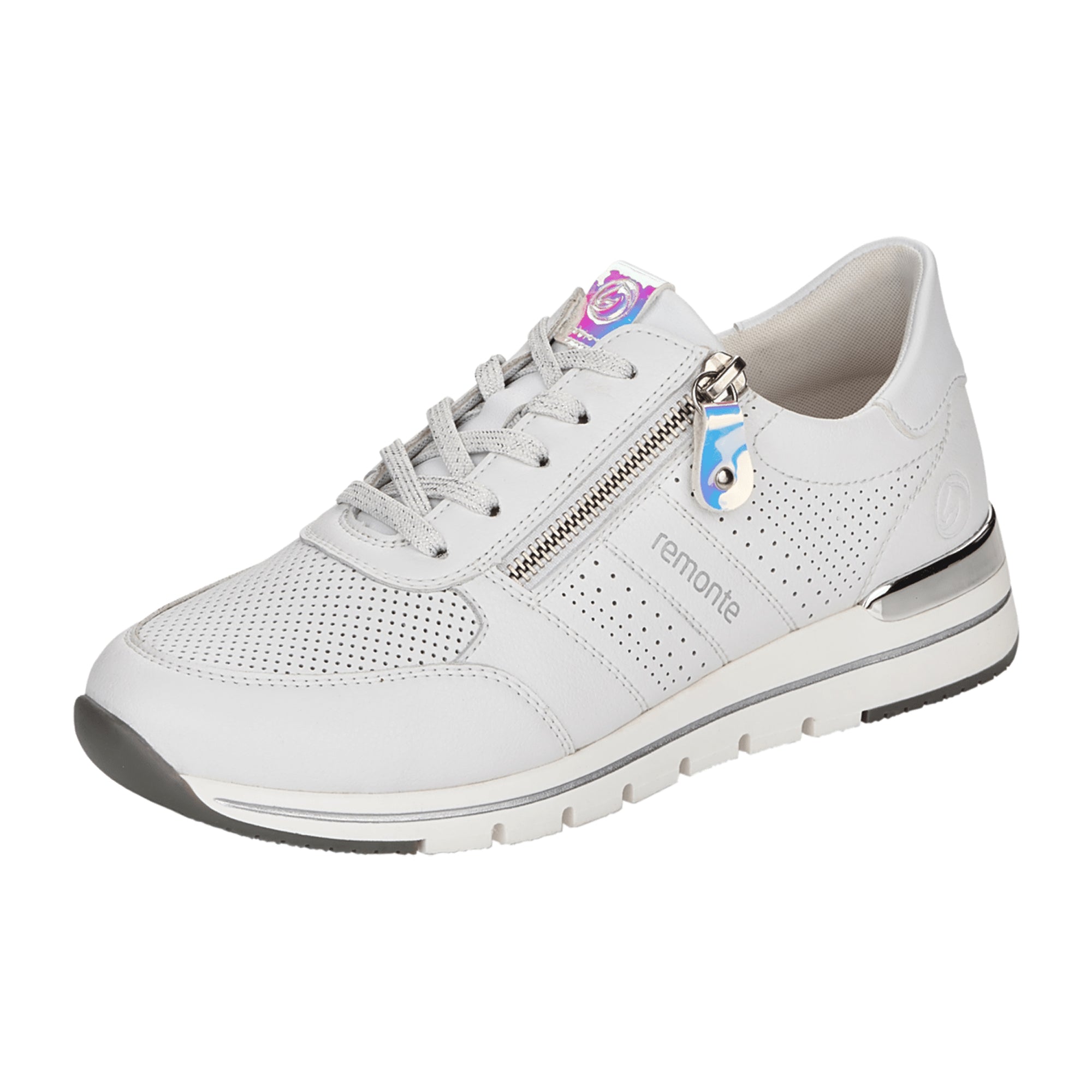 Remonte Women's White Leather Sneakers with Zipper and Laces