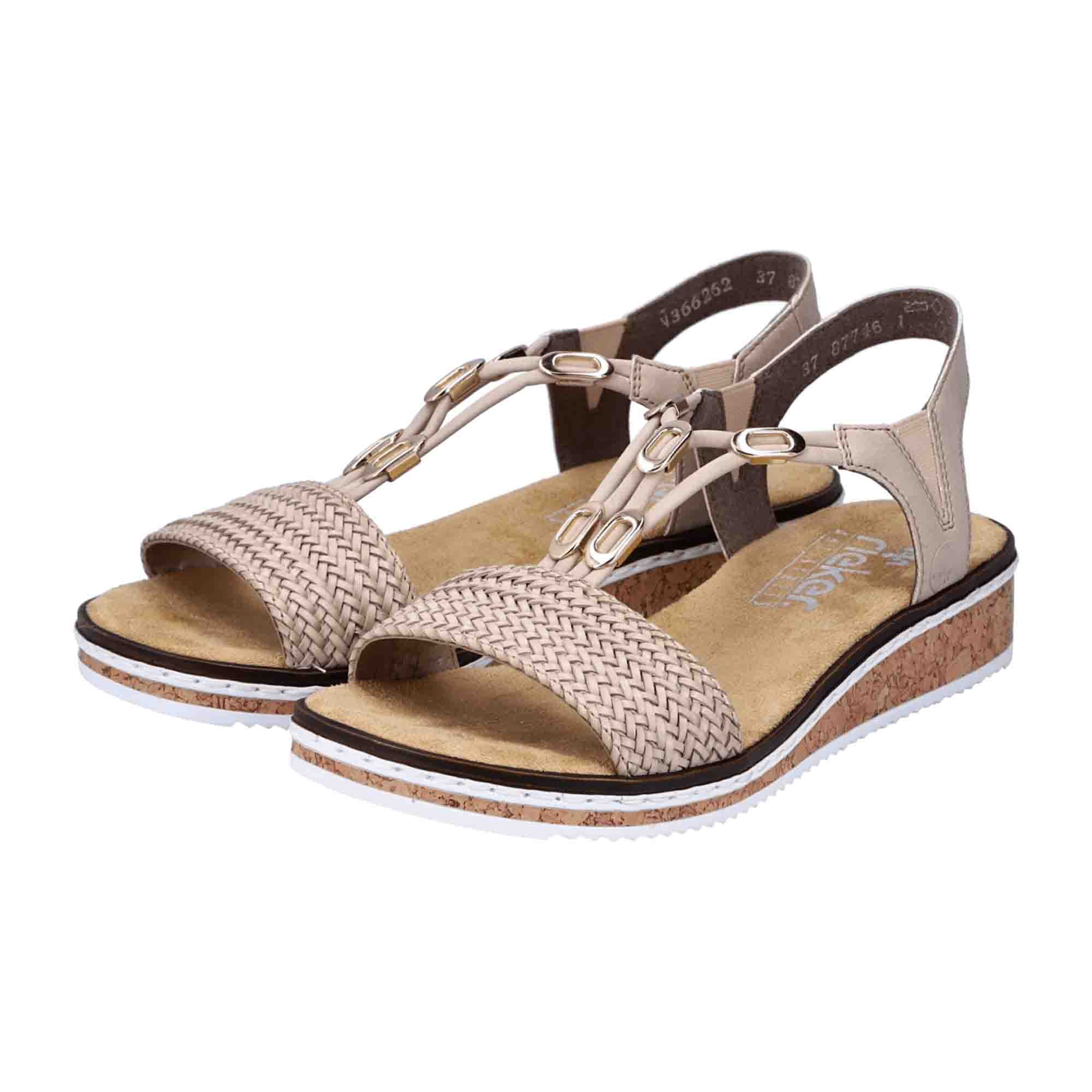 Rieker Women's Beige Sandals Comfortable Elastic Slip-On Wedge Shoes