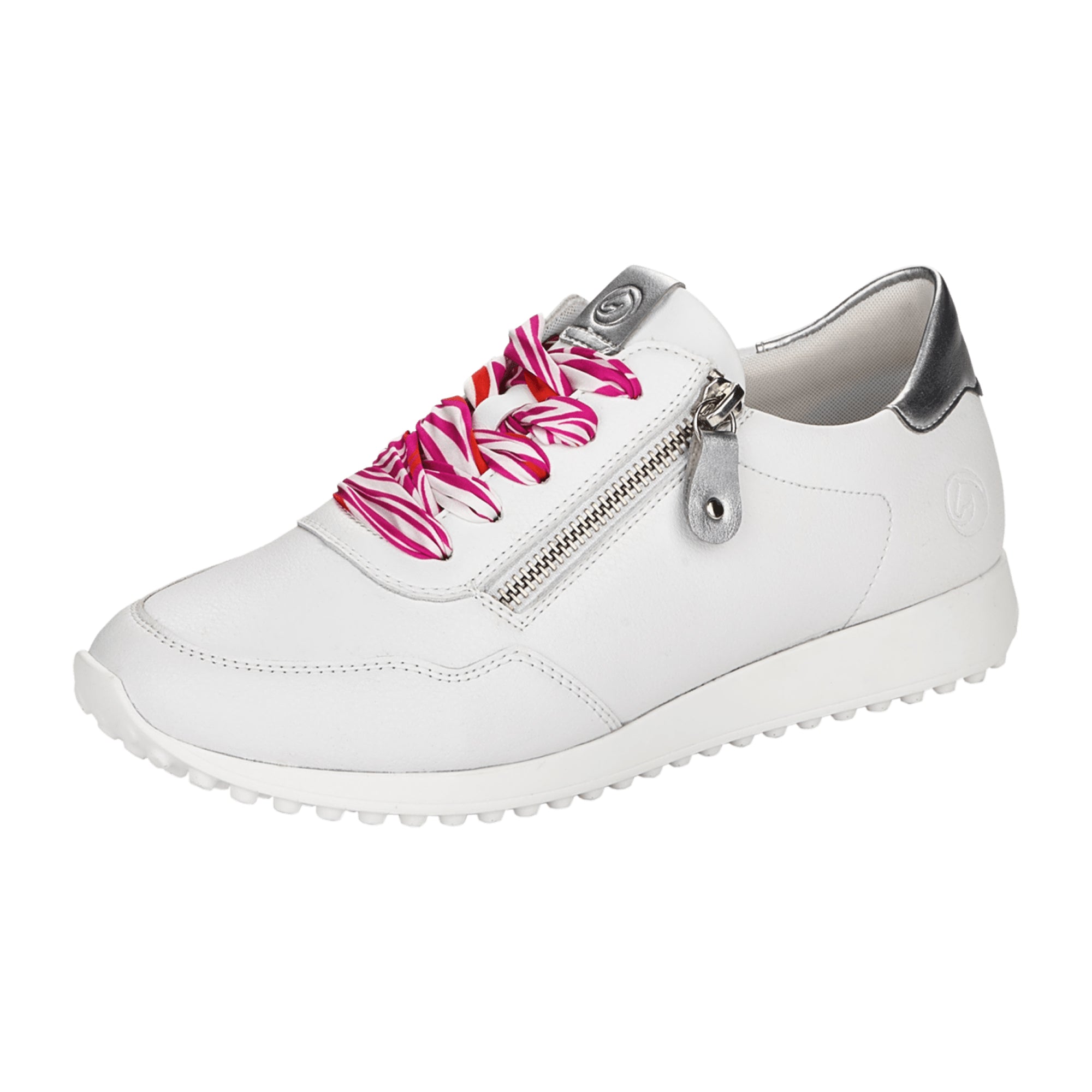 Remonte Women's White Leather Sneakers with Laces and Zipper