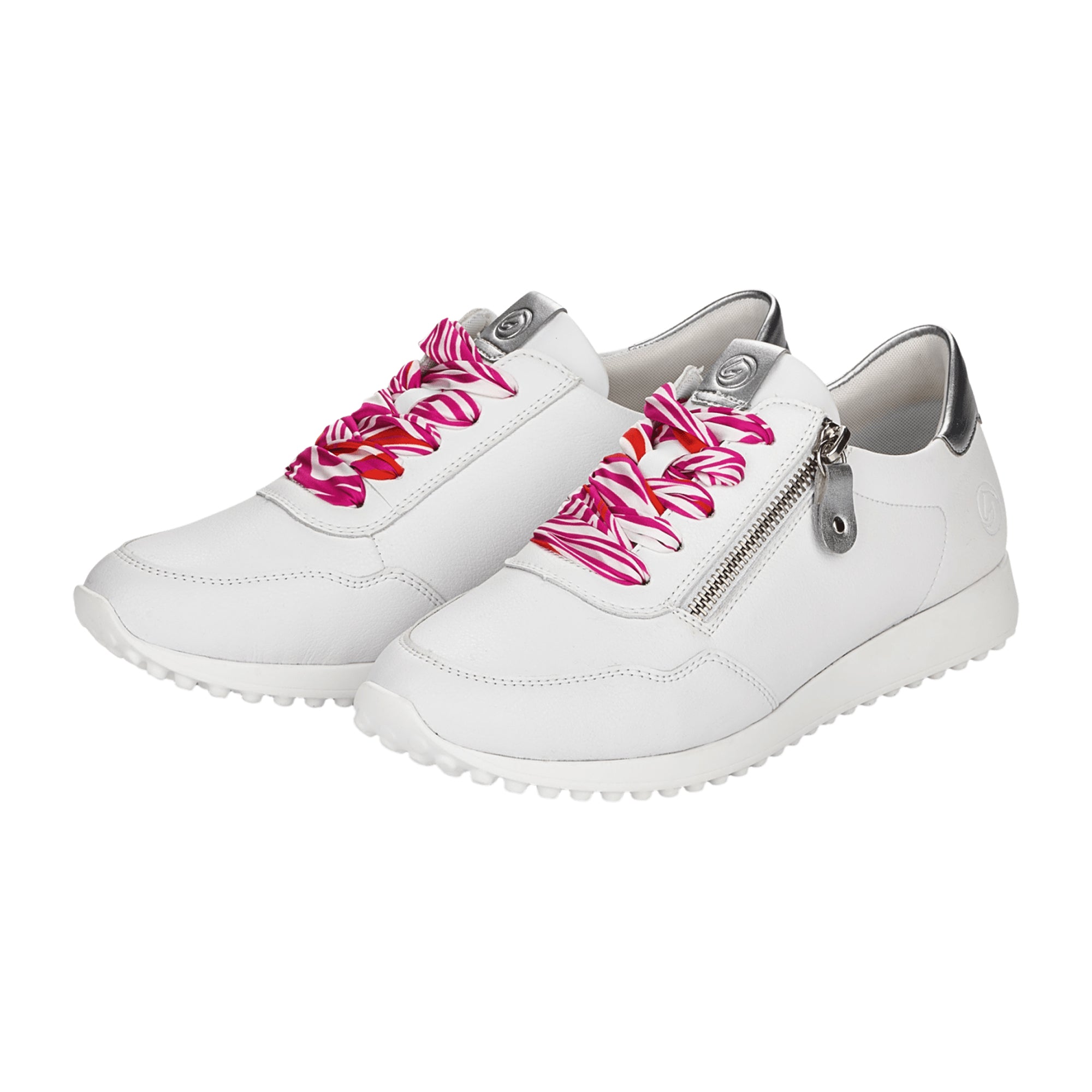 Remonte Women's White Leather Sneakers with Laces and Zipper