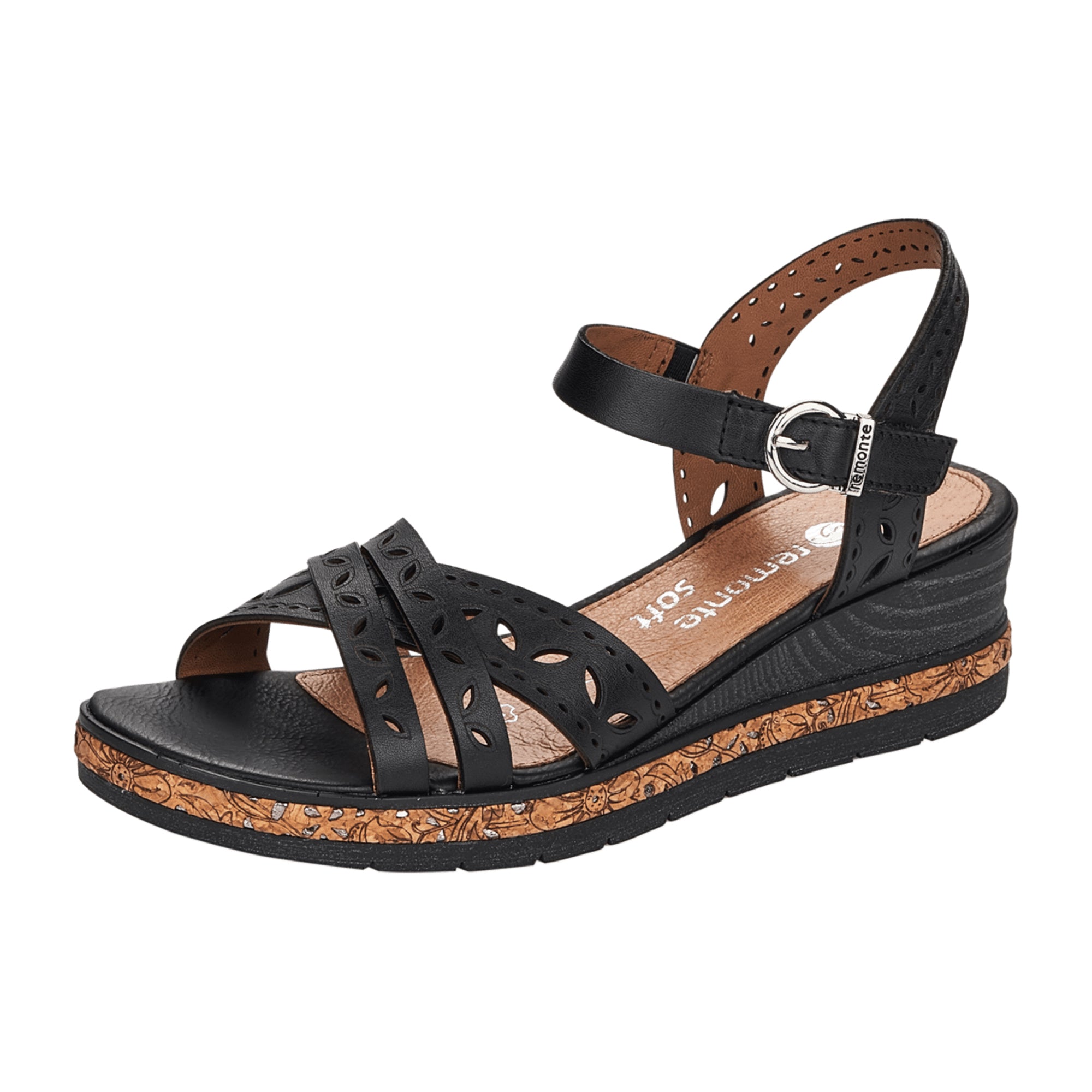 Remonte Black Leather Wedge Sandals for Women D305500 Spring Summer