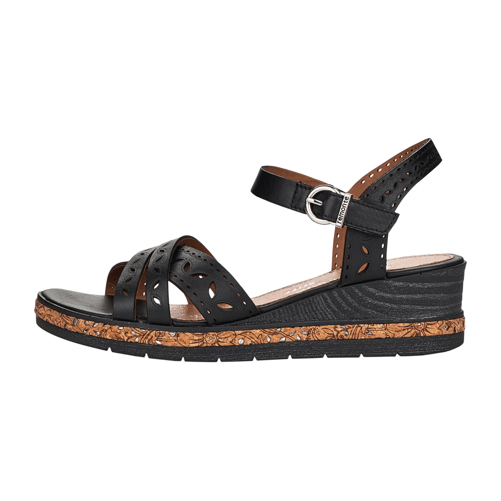 Remonte Black Leather Wedge Sandals for Women D305500 Spring Summer