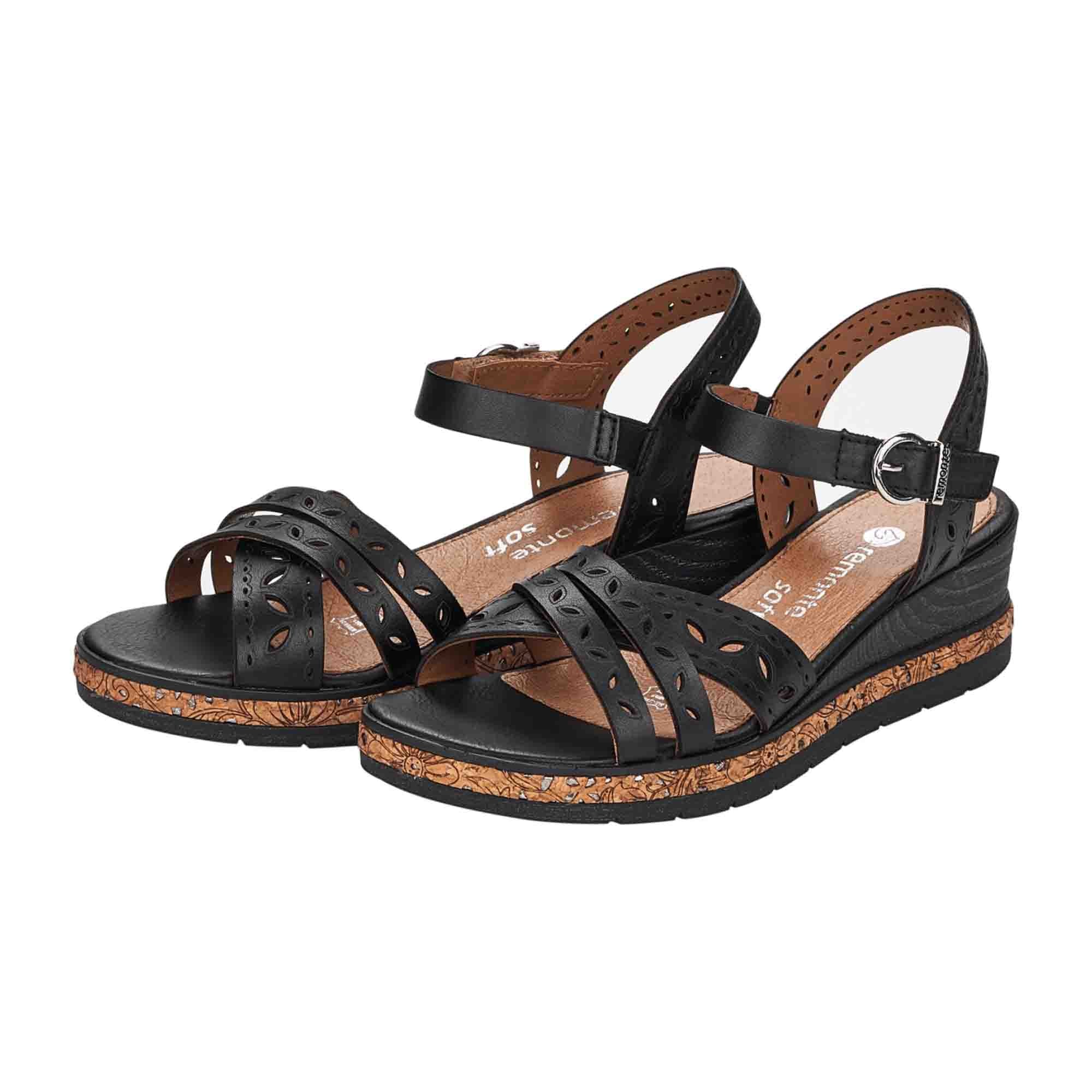 Remonte Black Leather Wedge Sandals for Women D305500 Spring Summer