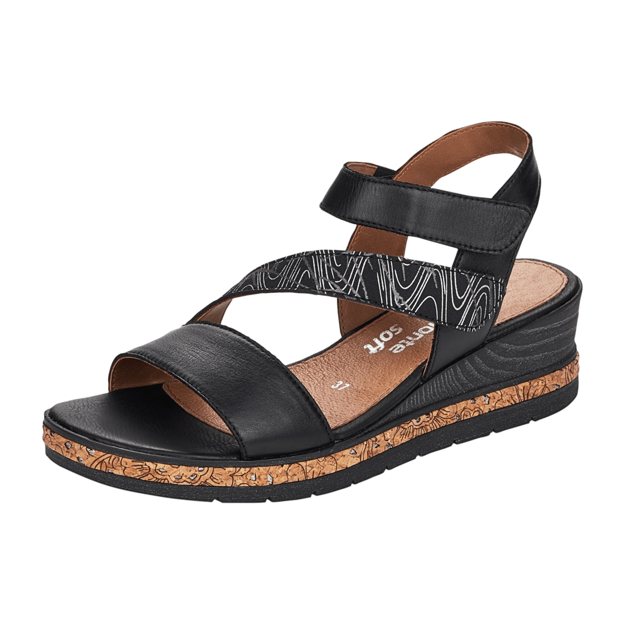 Remonte Comfortable Women's Sandals Black Leather Velcro Closure Summer Shoes