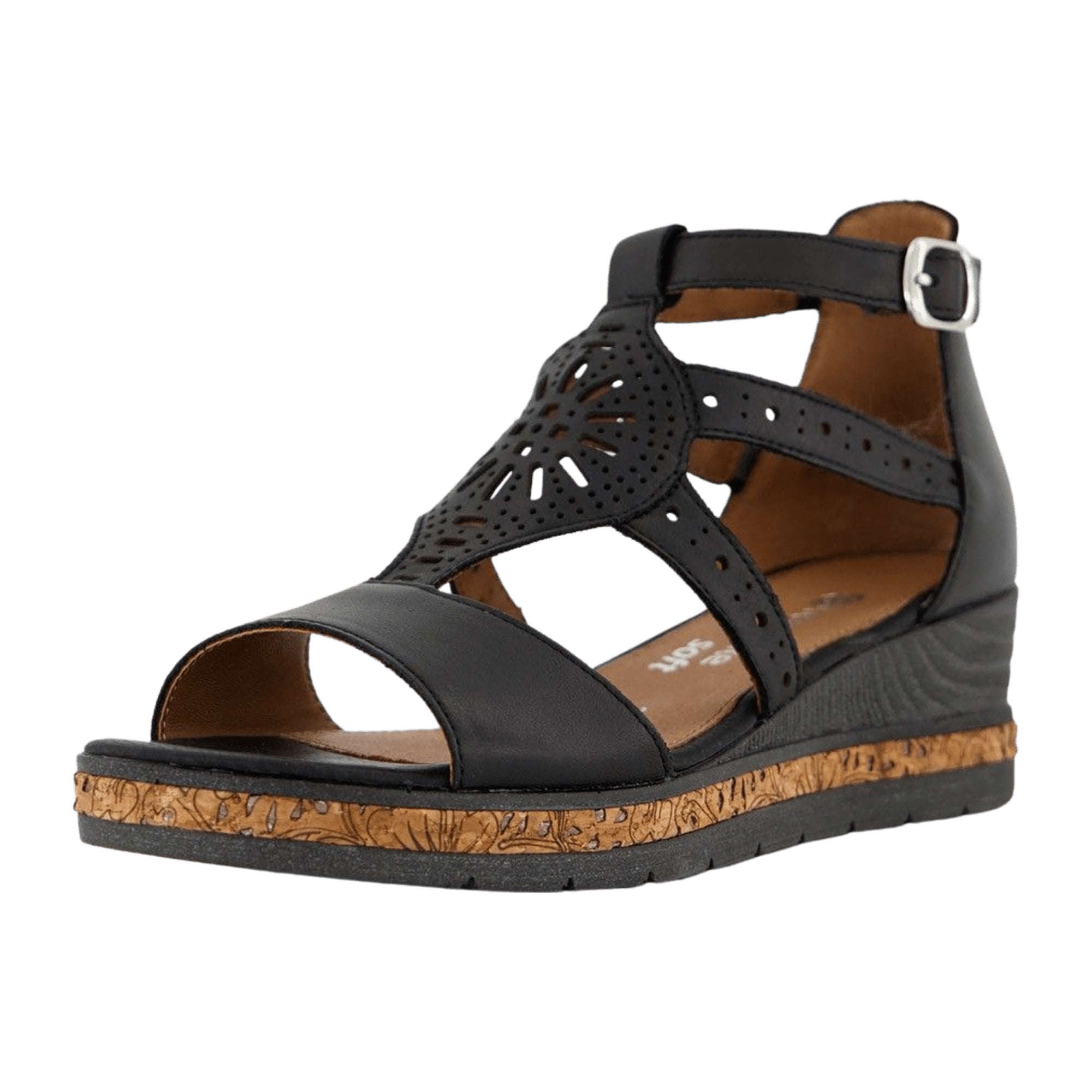 Remonte Black Leather Wedge Sandals for Women with Velcro Straps