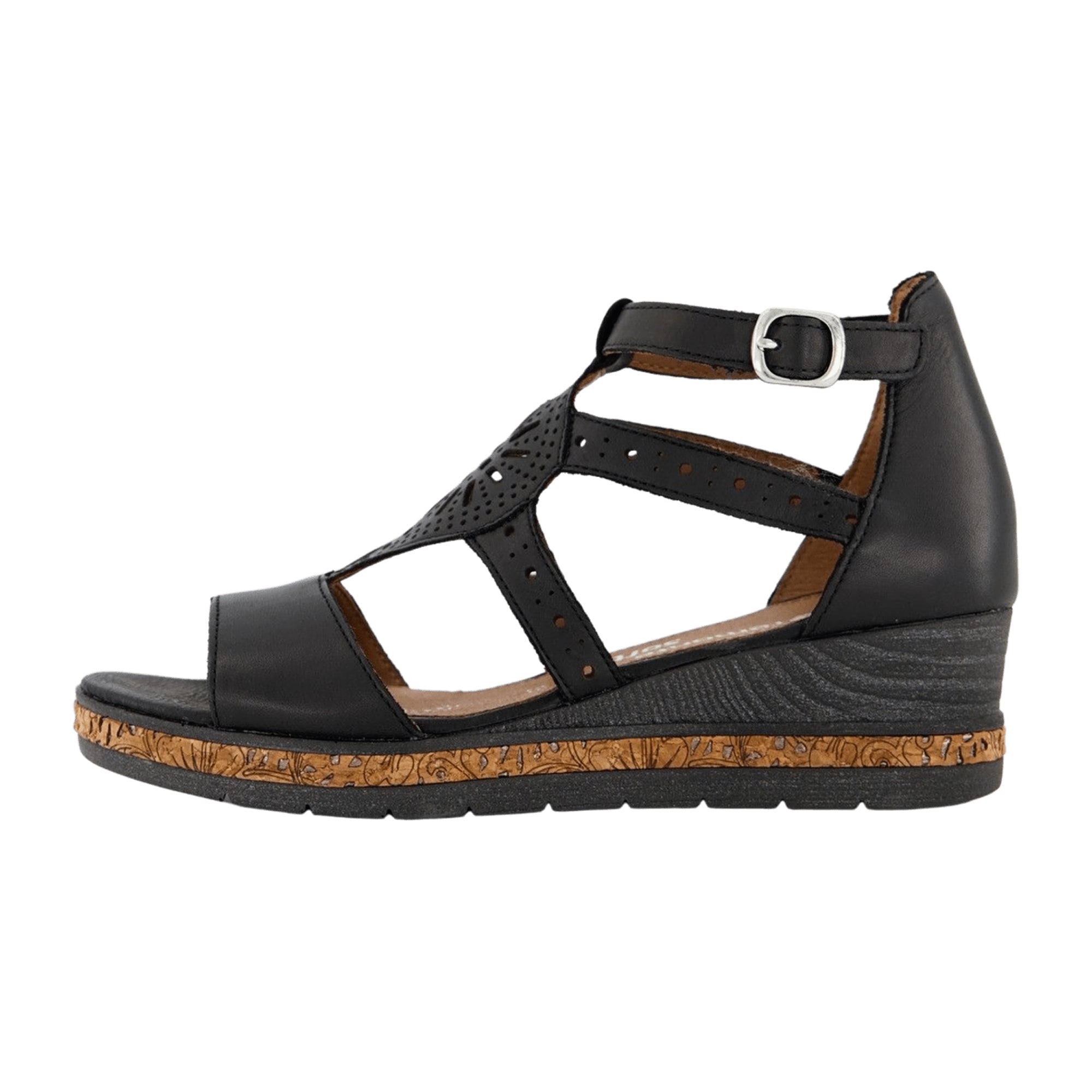 Remonte Black Leather Wedge Sandals for Women with Velcro Straps