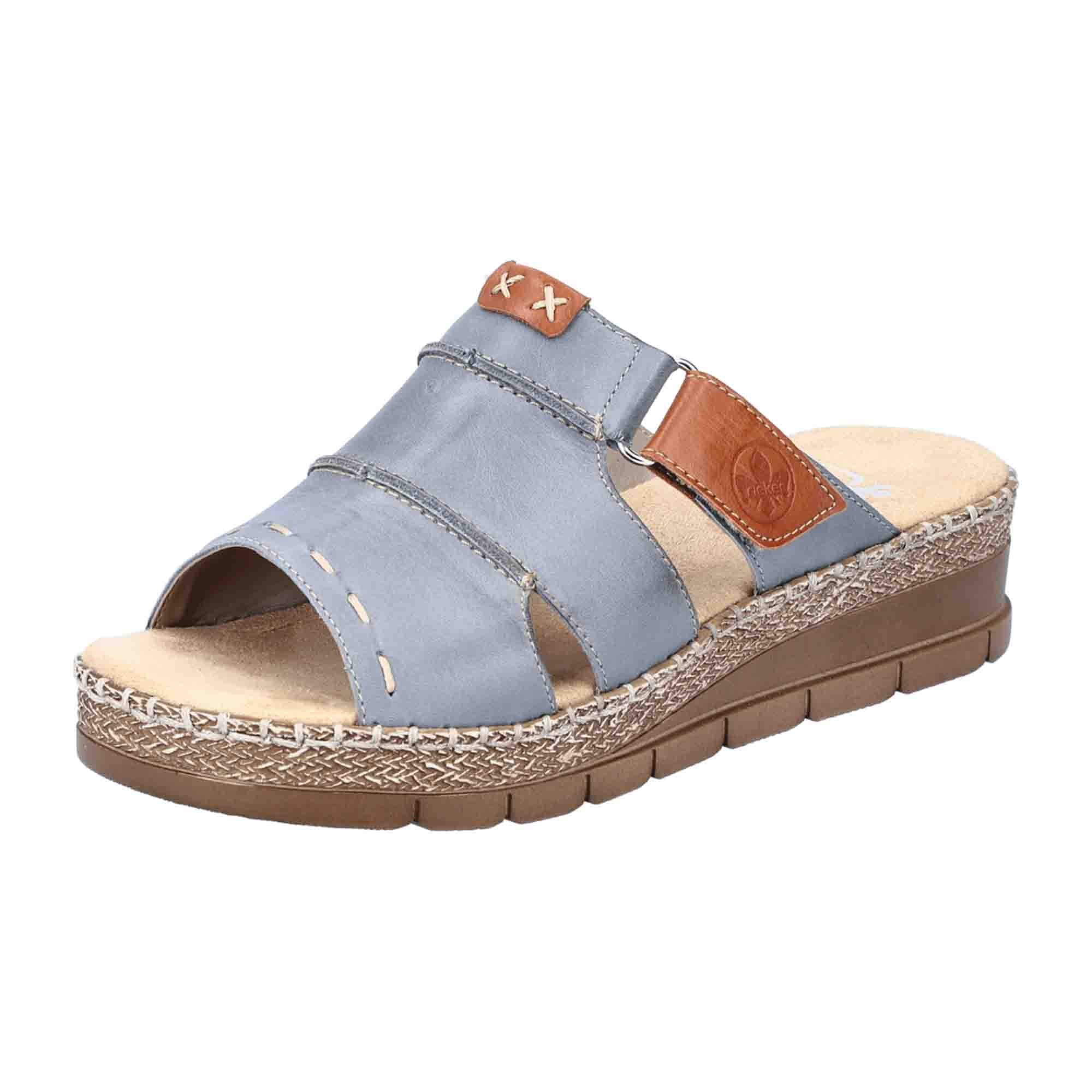 Rieker Comfortable Women's Blue Slip-On Sandals with Leather Upper