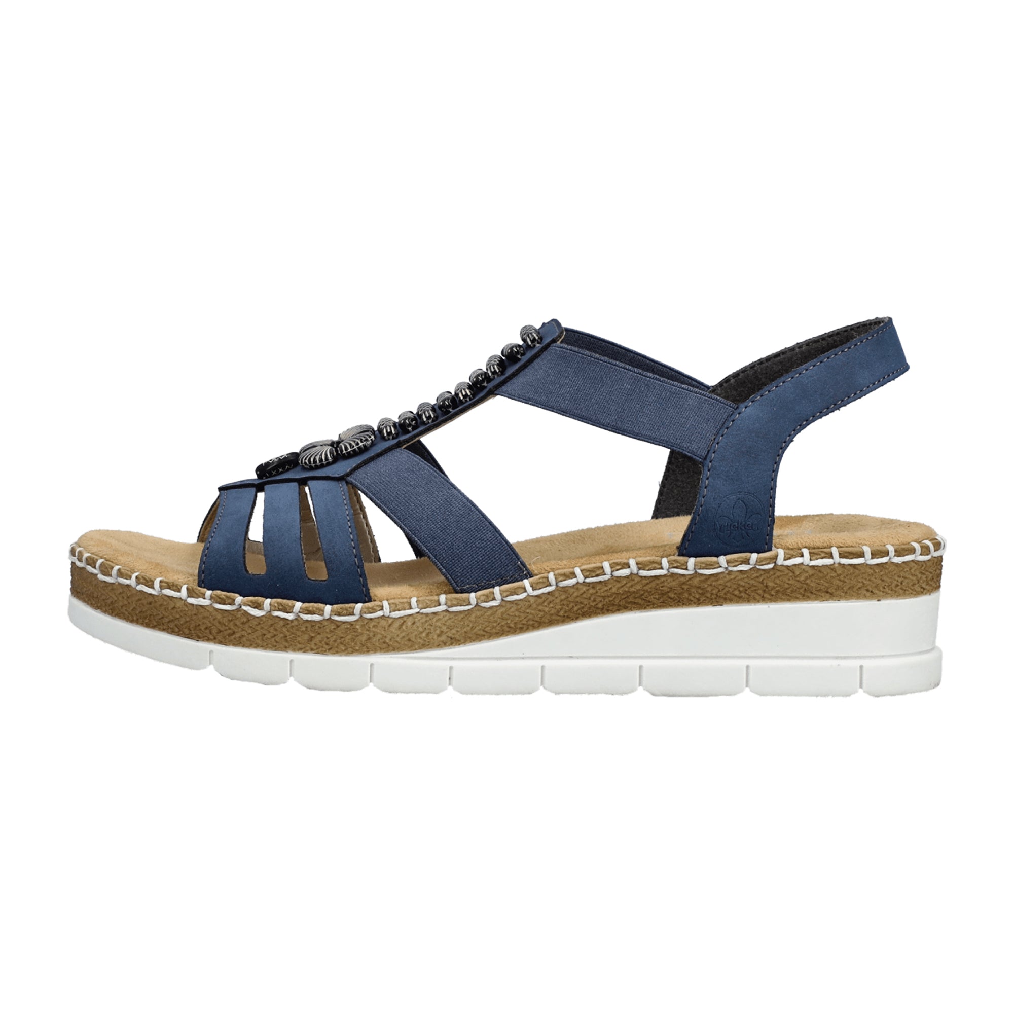 Rieker Women's Pacific Blue Elastic Strap Sandals with Bead Detail and Wedge Heel