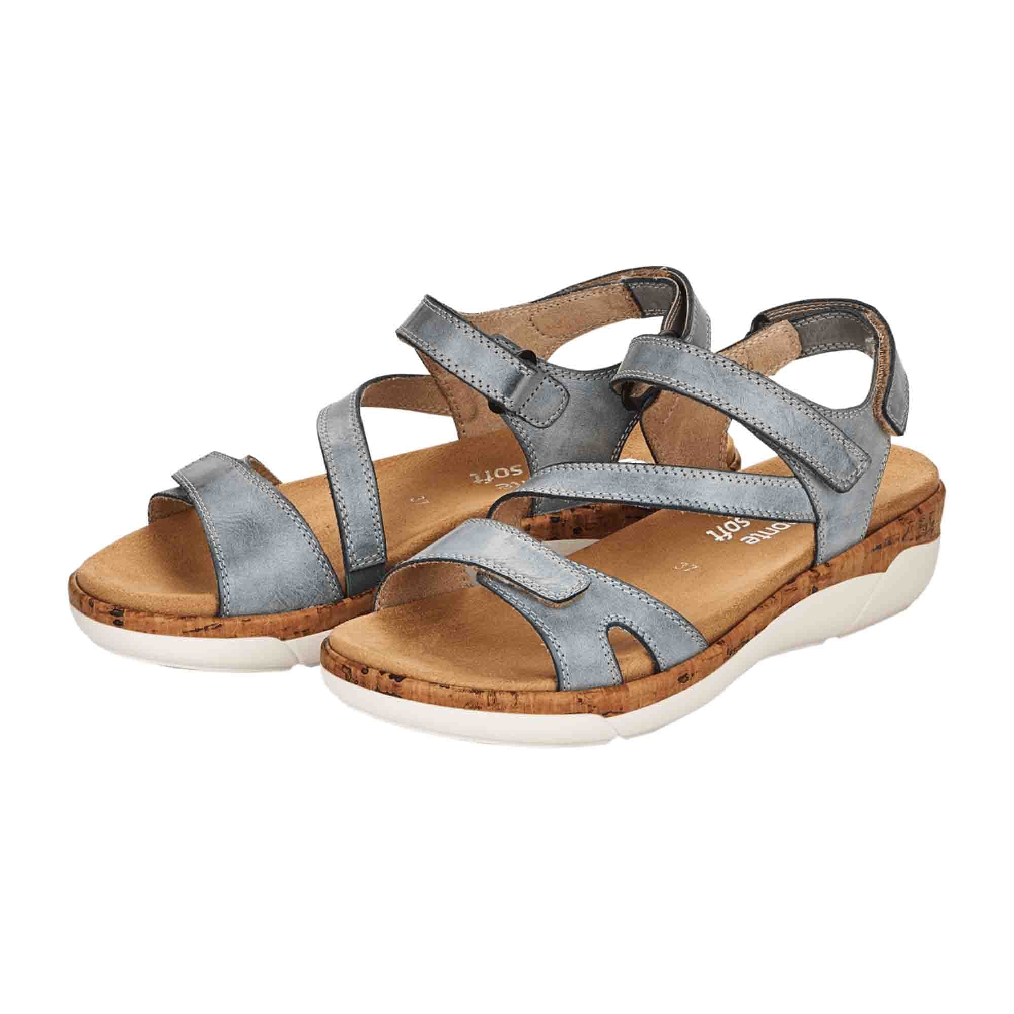 Remonte Blue Leather Strap Sandals for Women with Adjustable Velcro Closure