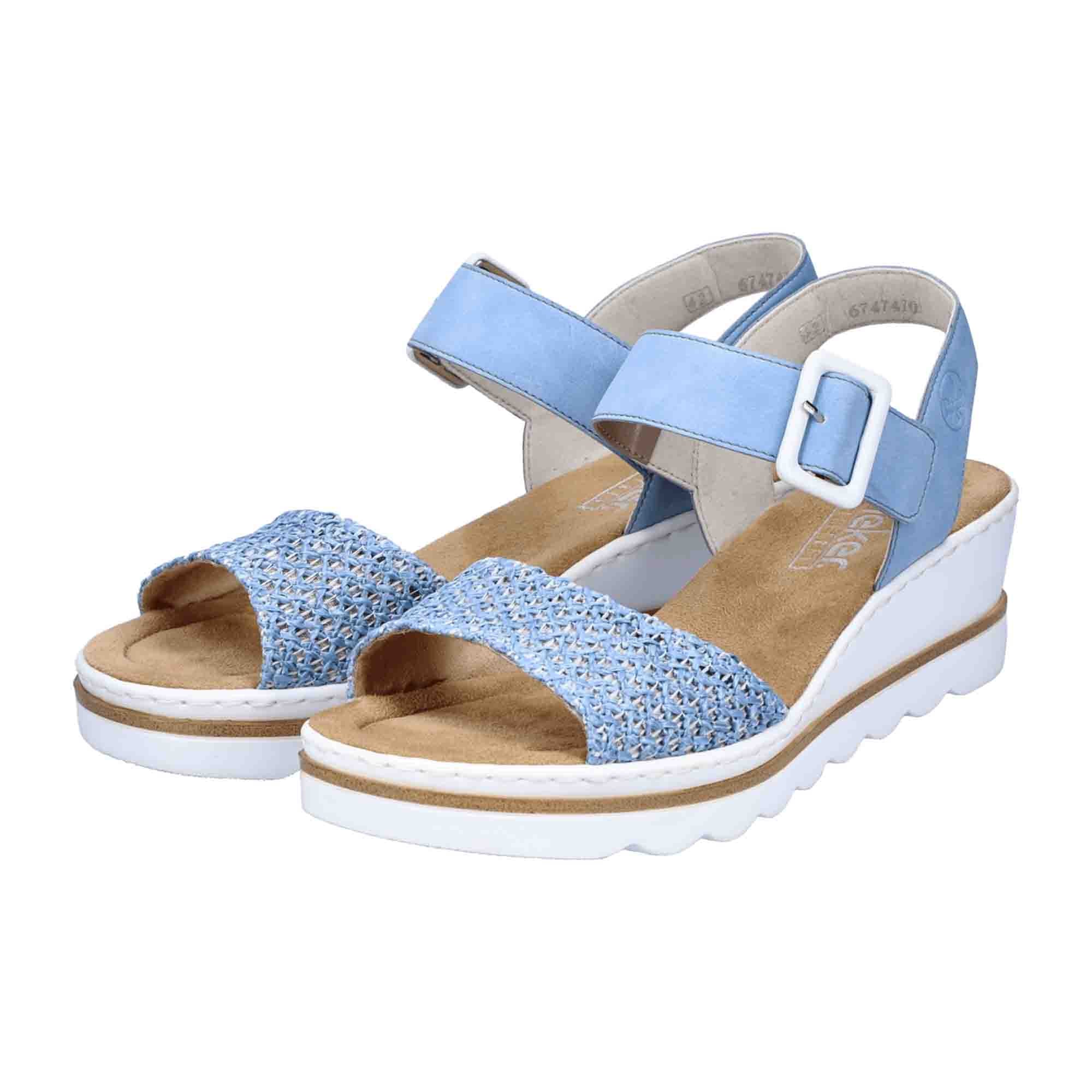 Rieker Women's Blue Wedge Sandals with Velcro Straps and Cushioned Sole