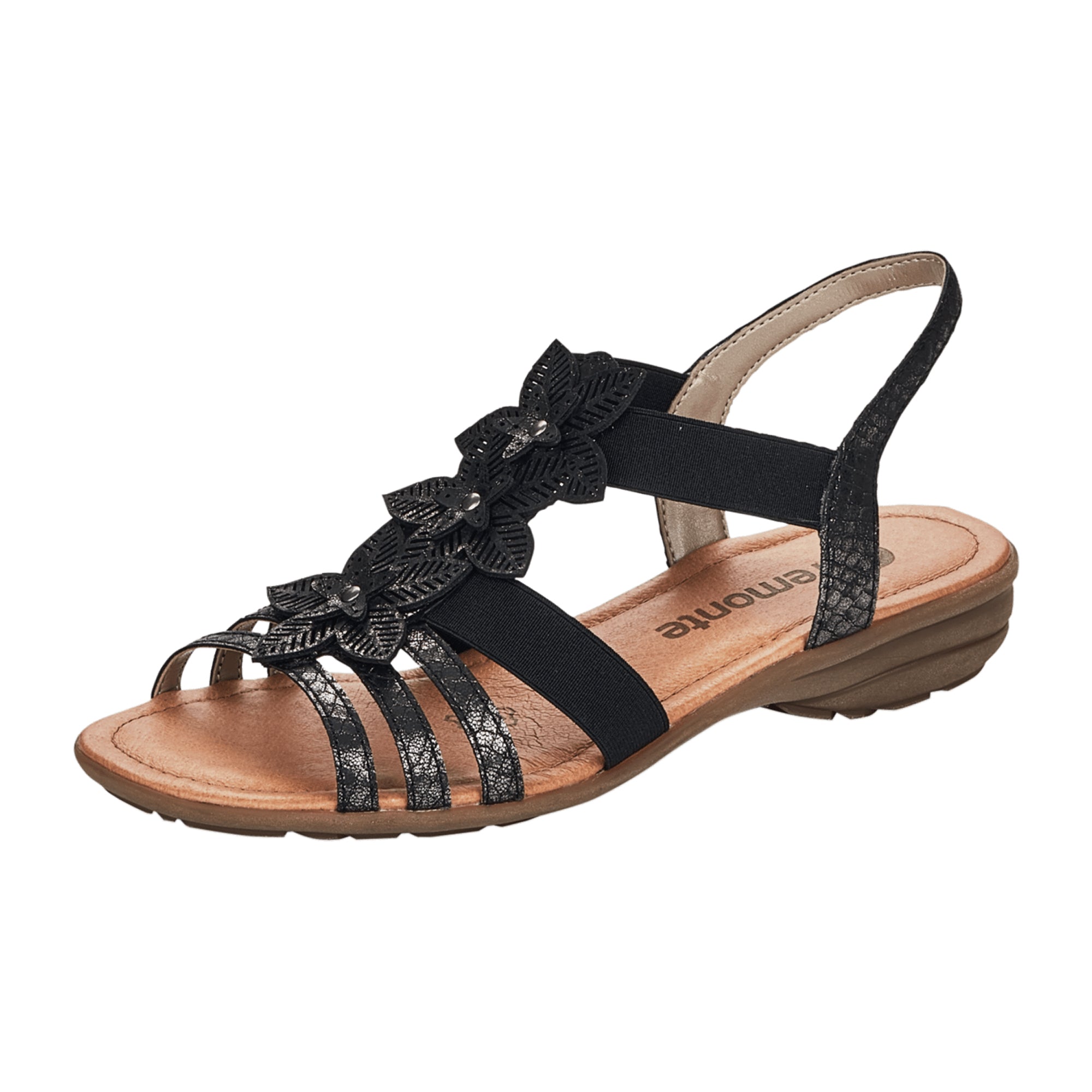Remonte Women's Black Sandals with Floral Strap and Cushioned Sole