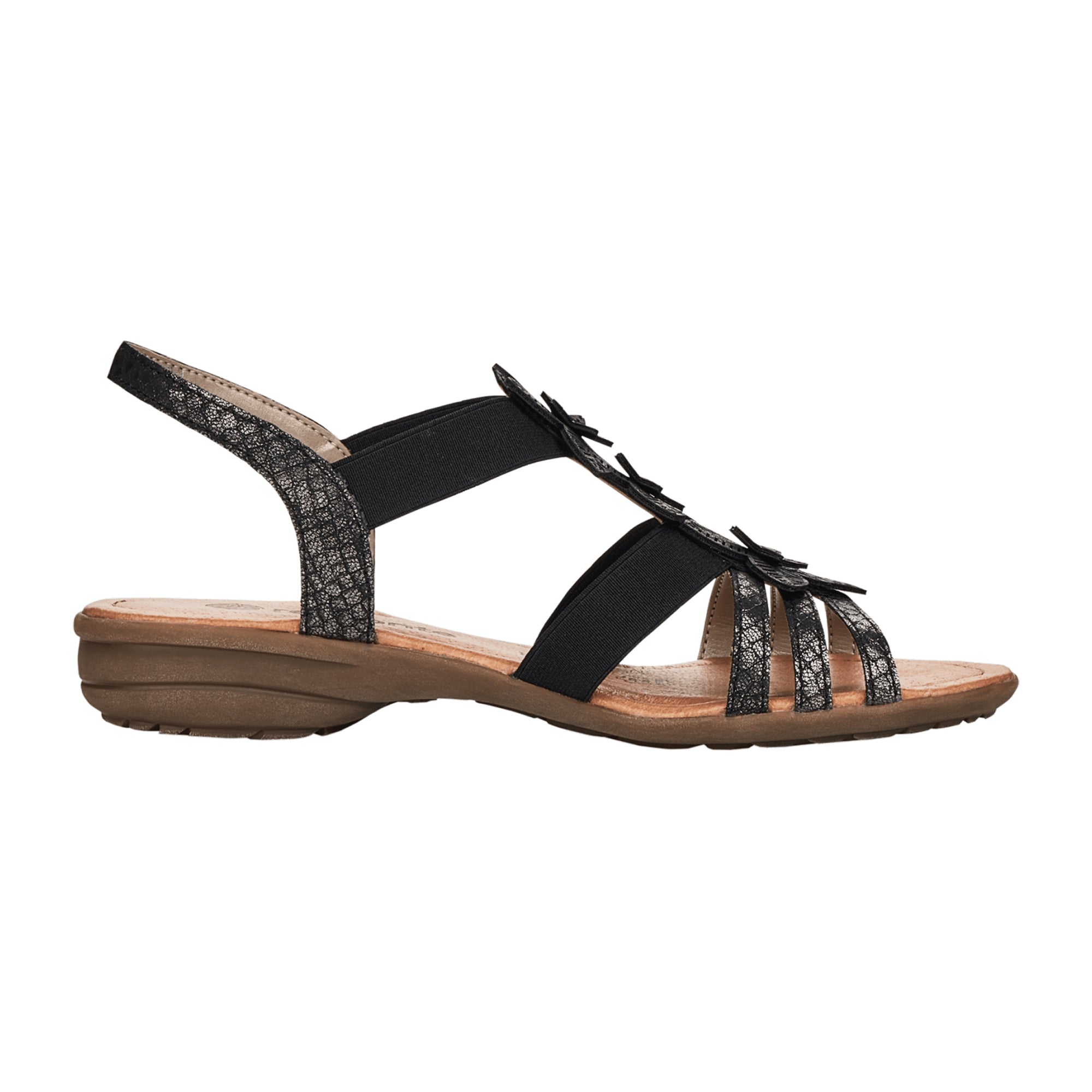Remonte Women's Black Sandals with Floral Strap and Cushioned Sole