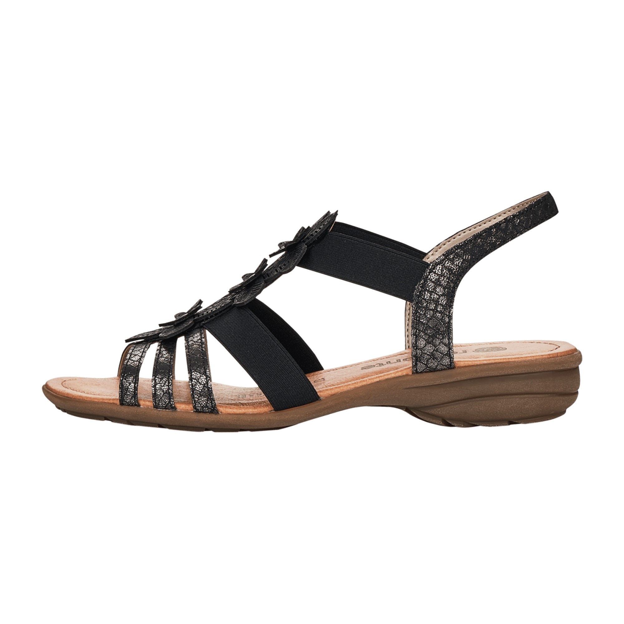 Remonte Women's Black Sandals with Floral Strap and Cushioned Sole