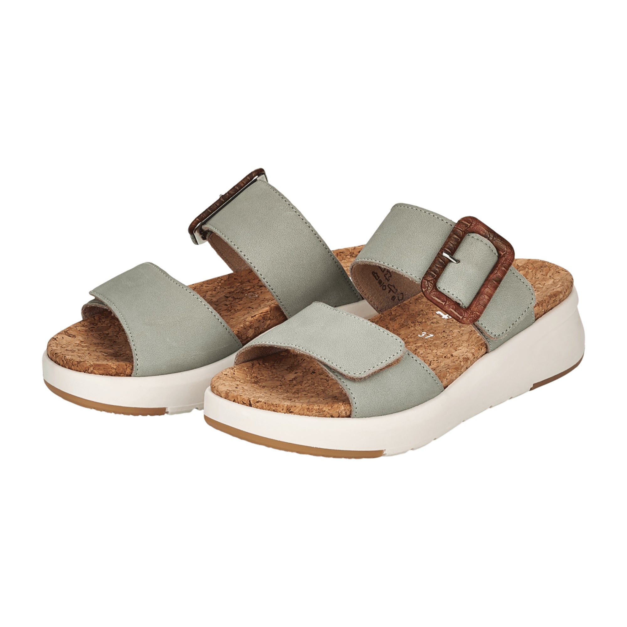 Remonte Women's Green Leather Sandals with Wedge Heel and Velcro Strap