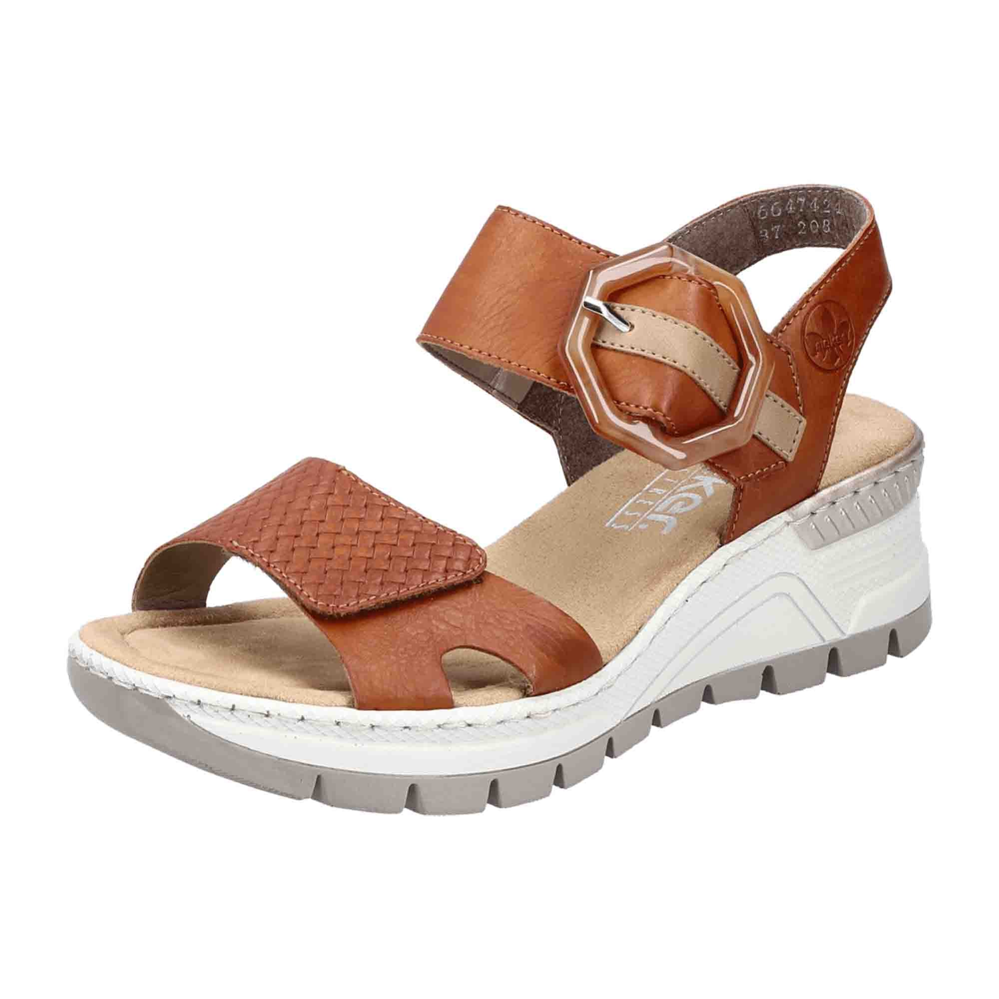 Rieker Comfortable Women's Brown Sandals with Wedge Heel and Velcro Straps