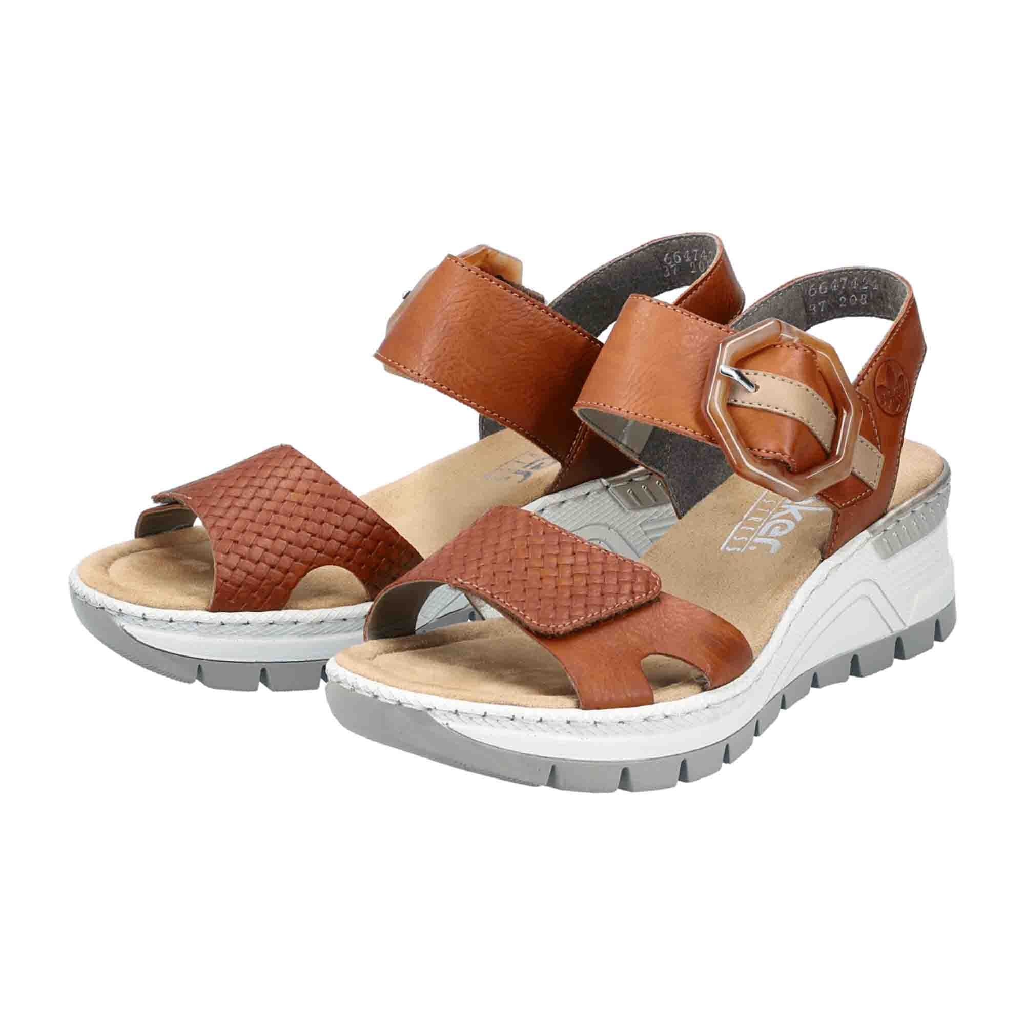 Rieker Comfortable Women's Brown Sandals with Wedge Heel and Velcro Straps