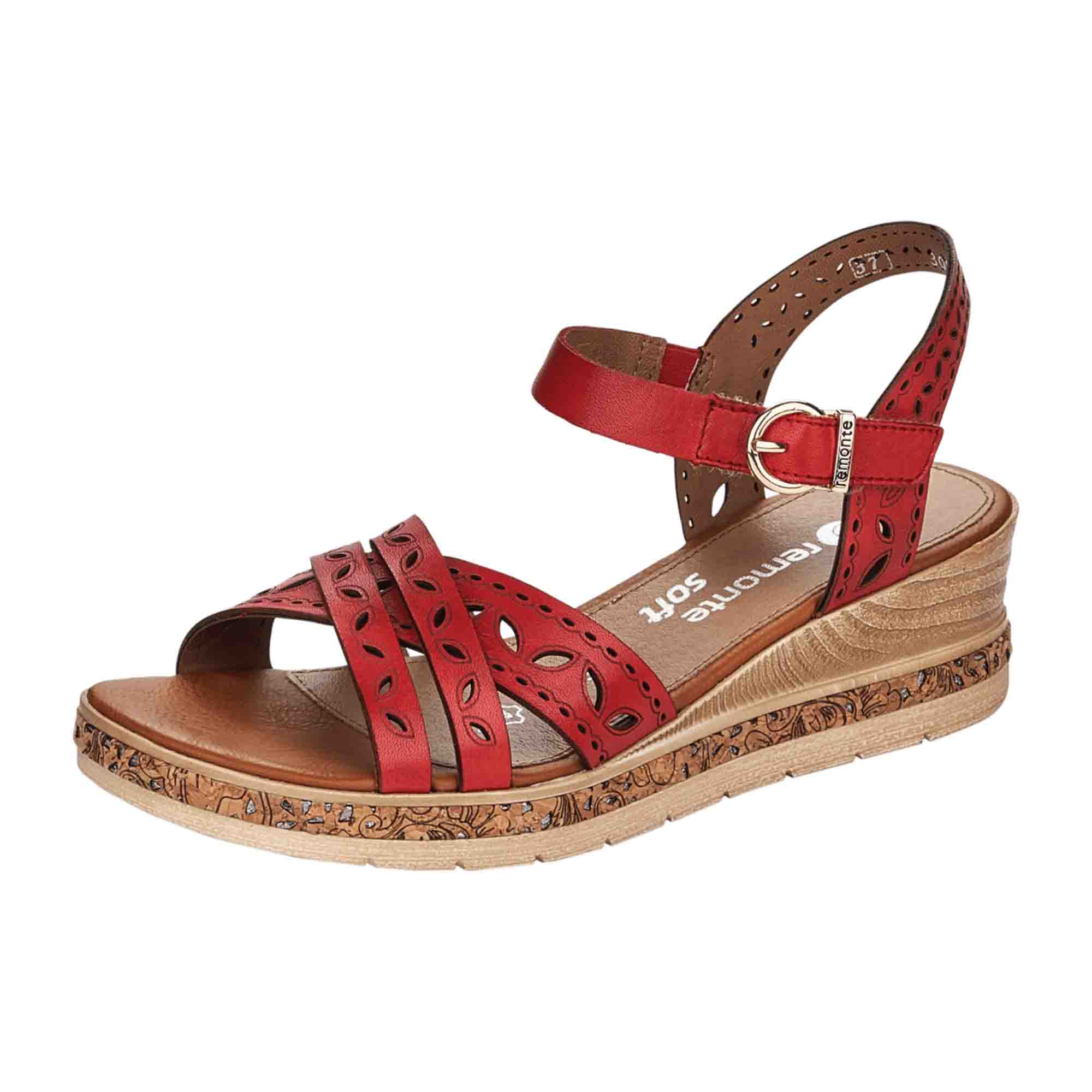 Remonte Women's Red Leather Sandals with Wedge Heel and Velcro Strap