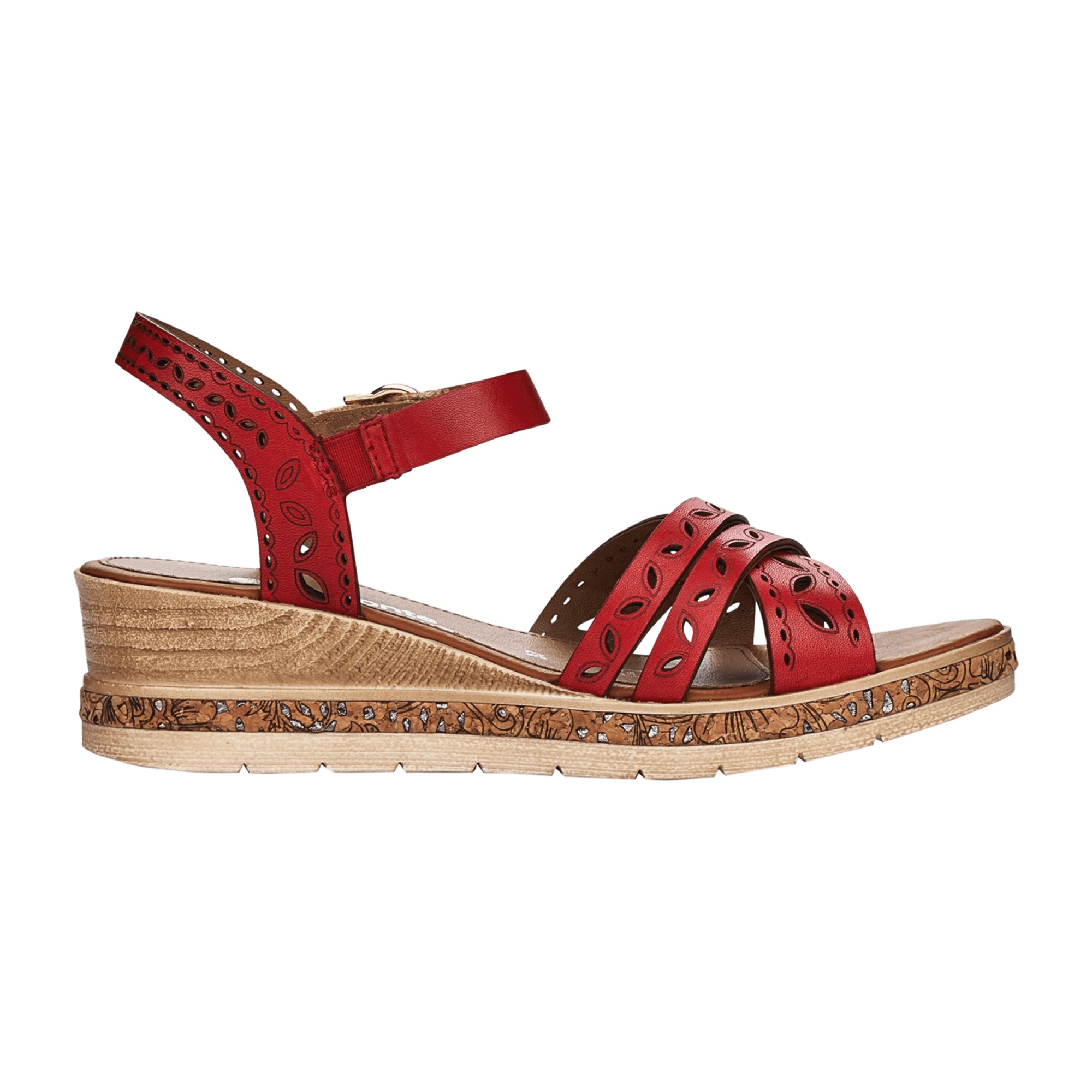 Remonte Women's Red Leather Sandals with Wedge Heel and Velcro Strap