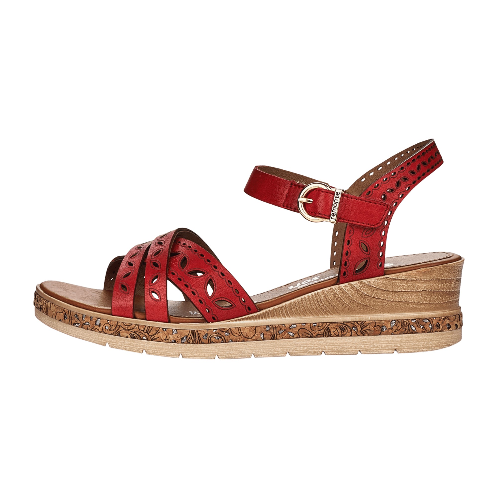 Remonte Women's Red Leather Sandals with Wedge Heel and Velcro Strap