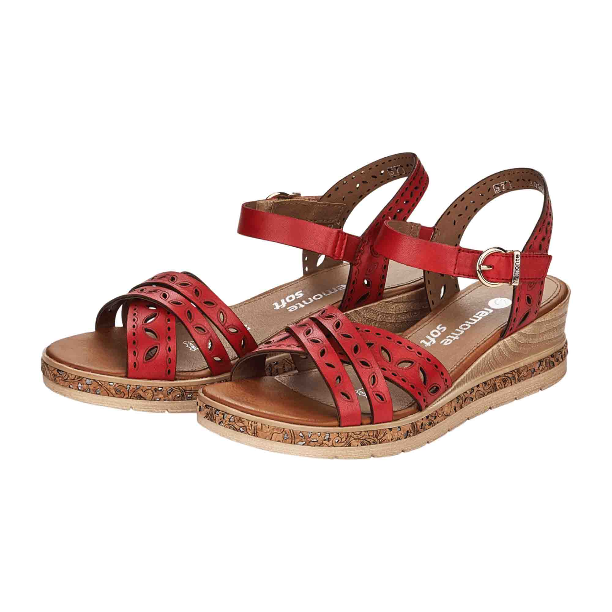 Remonte Women's Red Leather Sandals with Wedge Heel and Velcro Strap