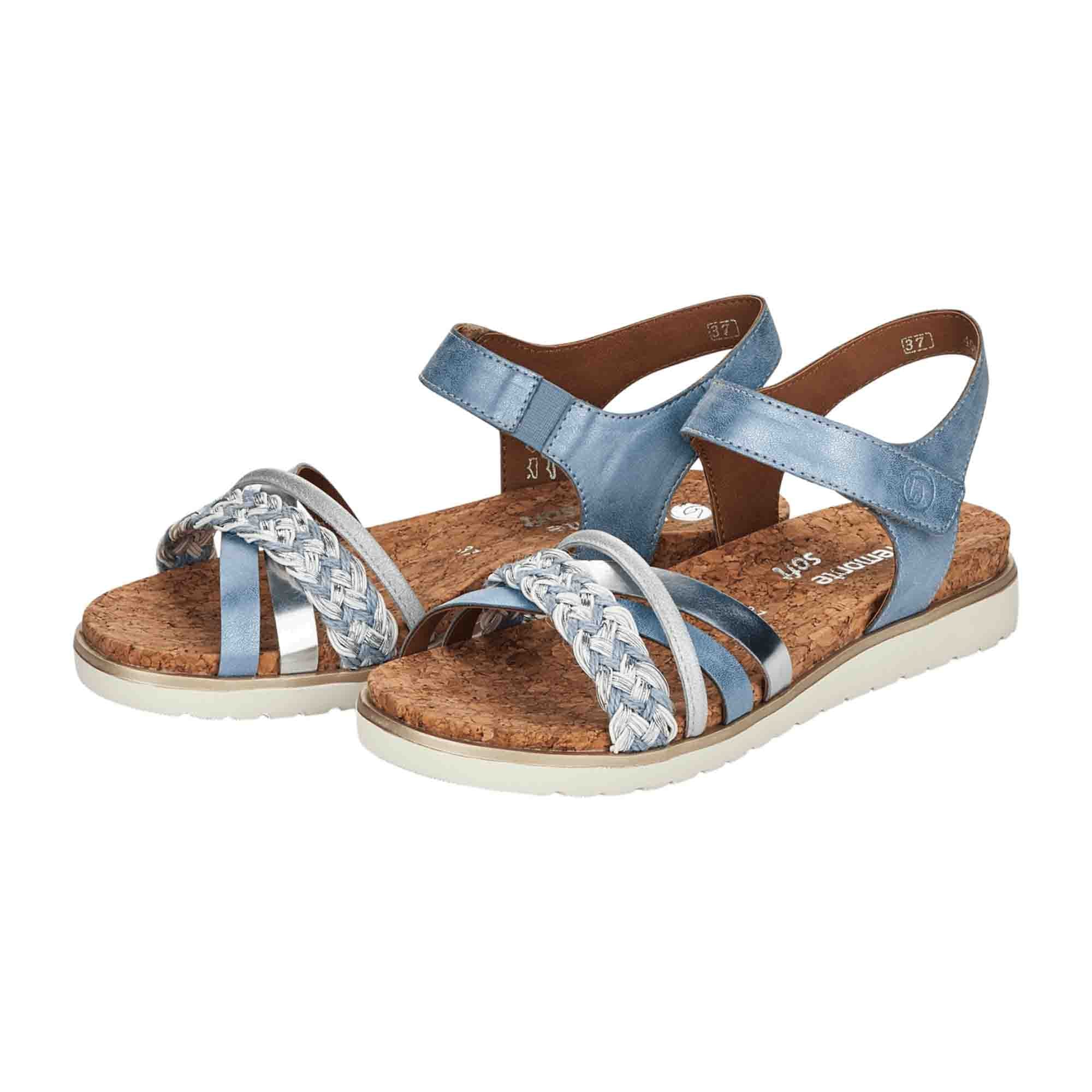 Remonte Women's Blue Sandals with Velcro Strap and Wedge Heel
