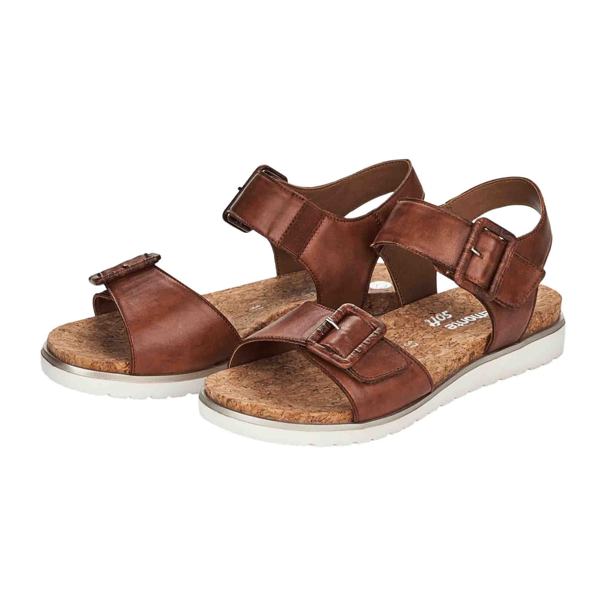 Remonte Women's Brown Leather Sandals with Velcro Strap and Wedge Heel