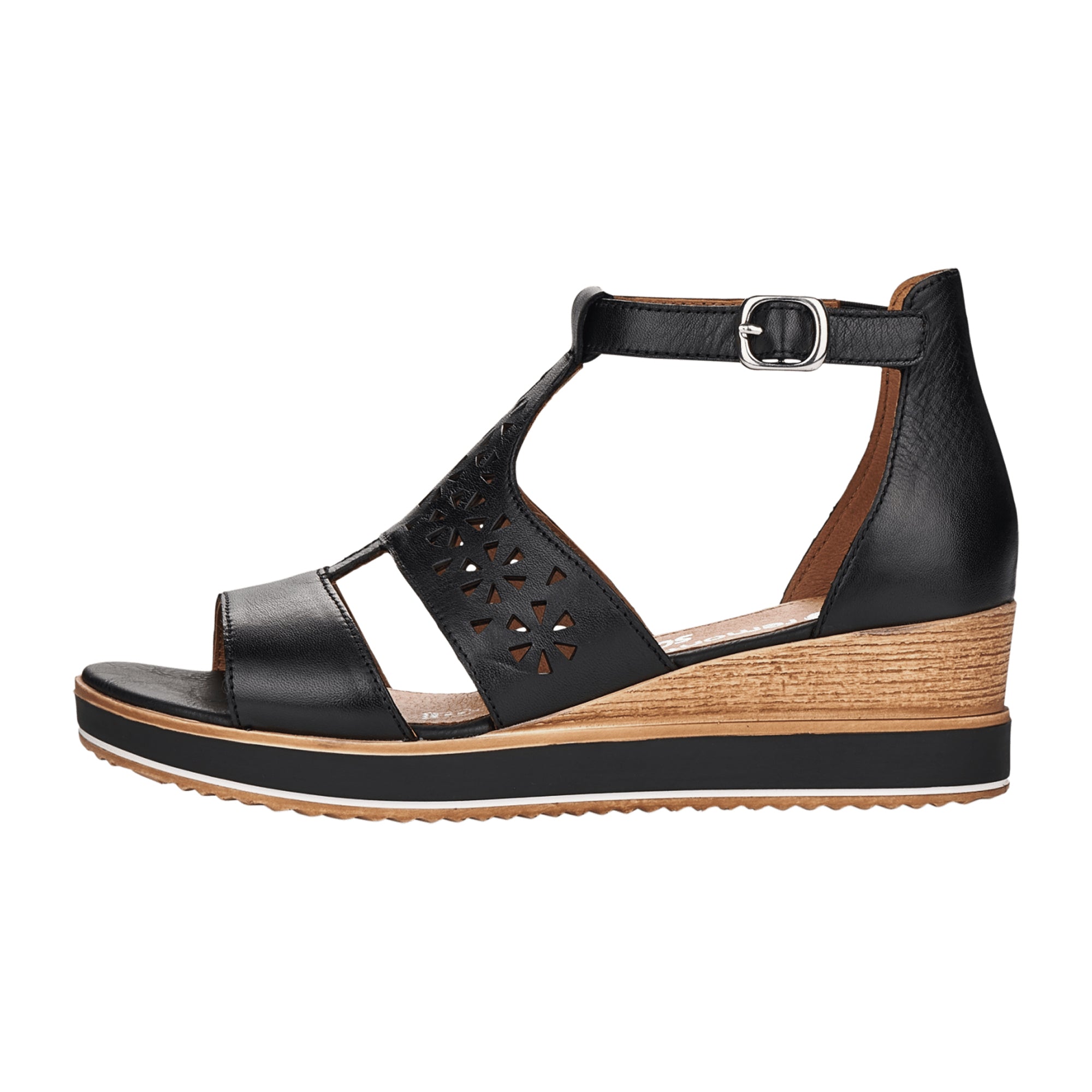 Remonte Black Leather Women's Sandals with Wedge Heel and Velcro Straps