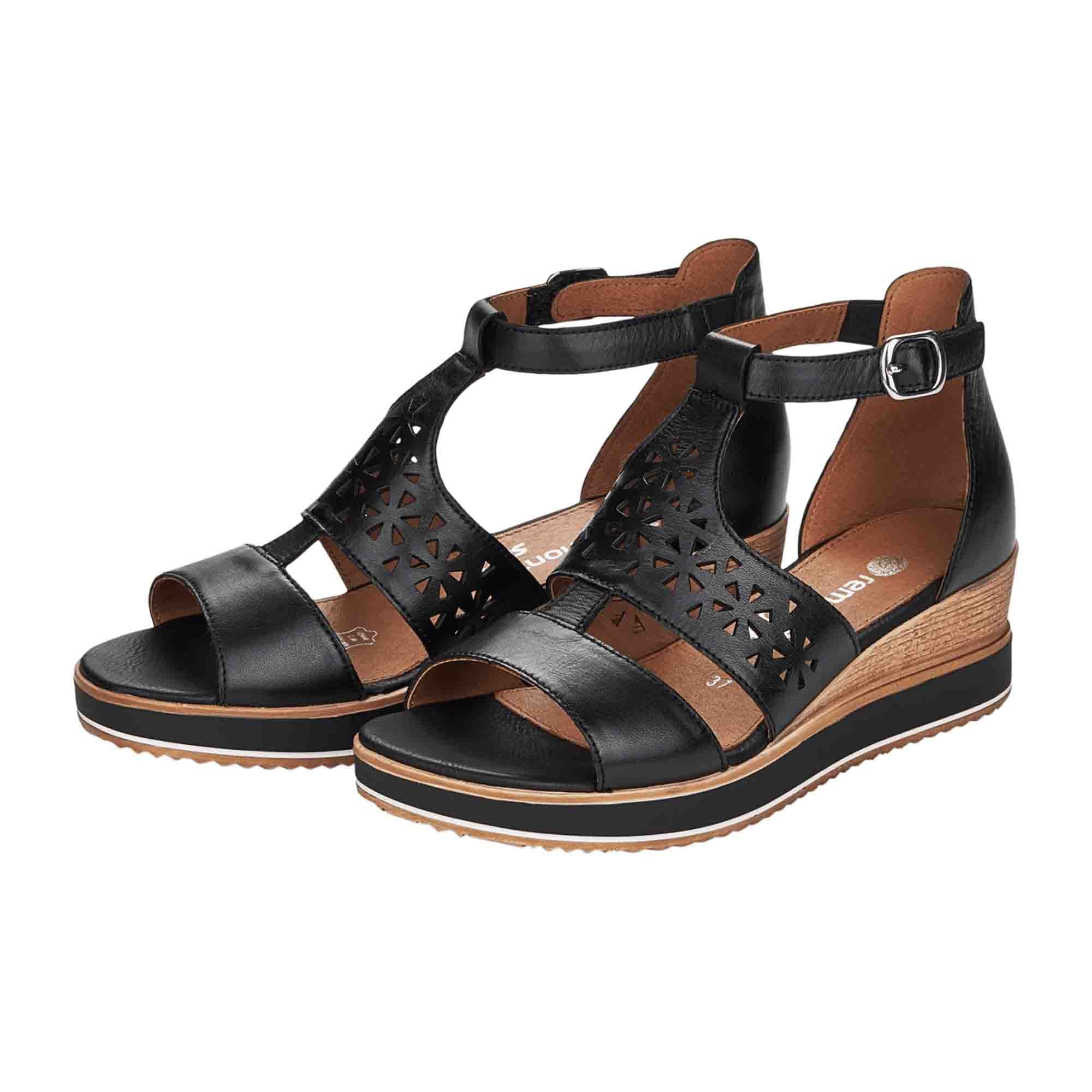 Remonte Black Leather Women's Sandals with Wedge Heel and Velcro Straps