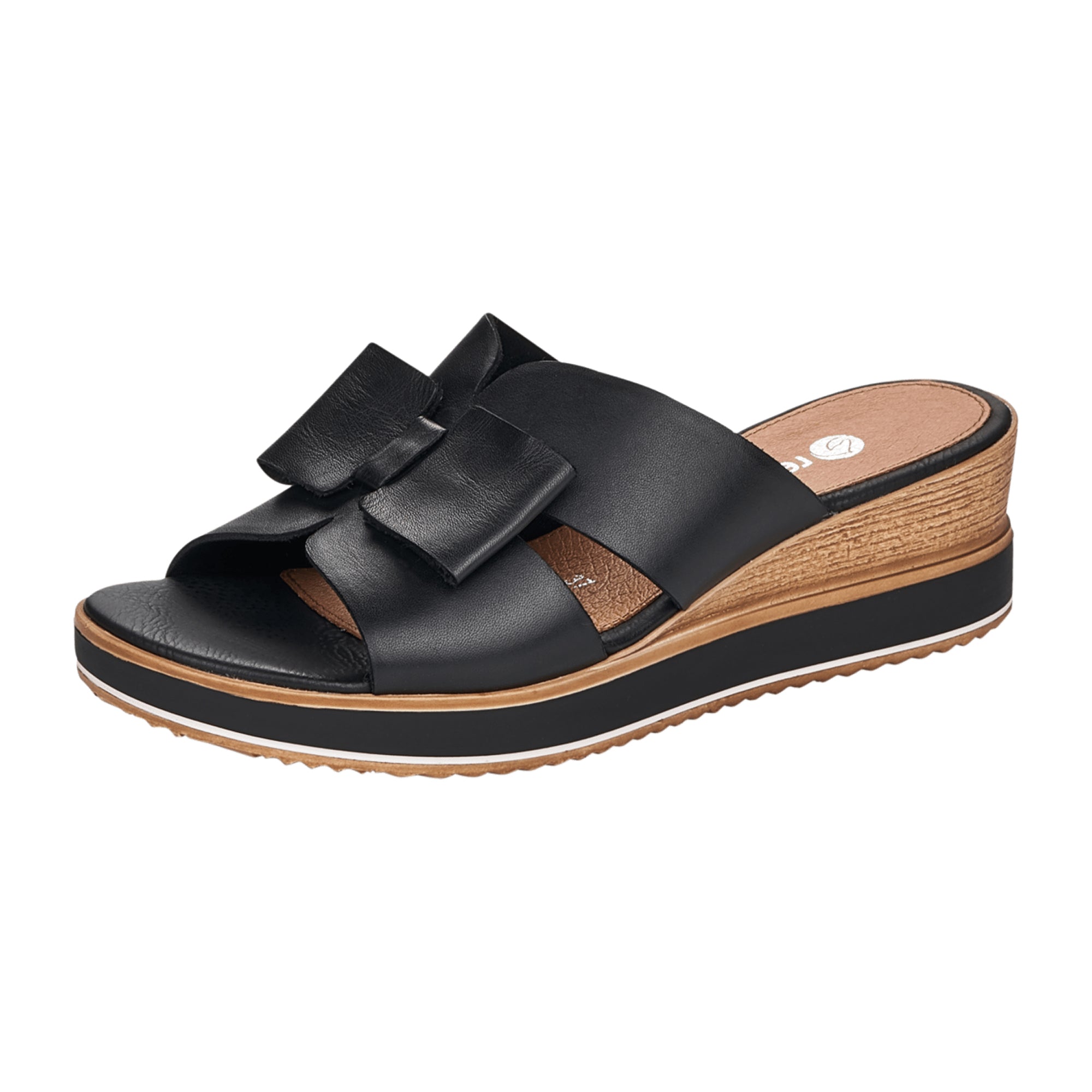 Remonte D6456-00 Women's Black Slip-On Leather Wedge Sandals Comfortable