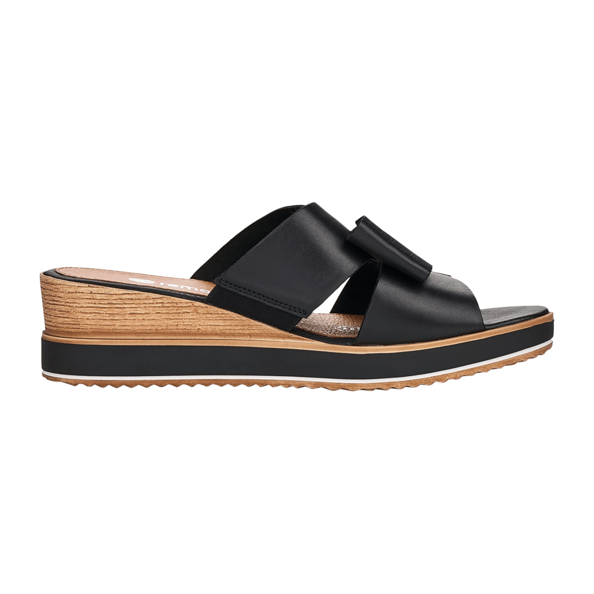 Remonte D6456-00 Women's Black Slip-On Leather Wedge Sandals Comfortable