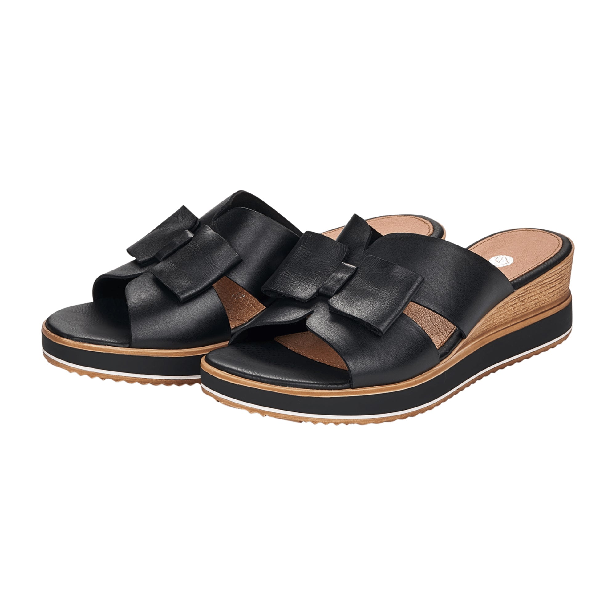 Remonte D6456-00 Women's Black Slip-On Leather Wedge Sandals Comfortable