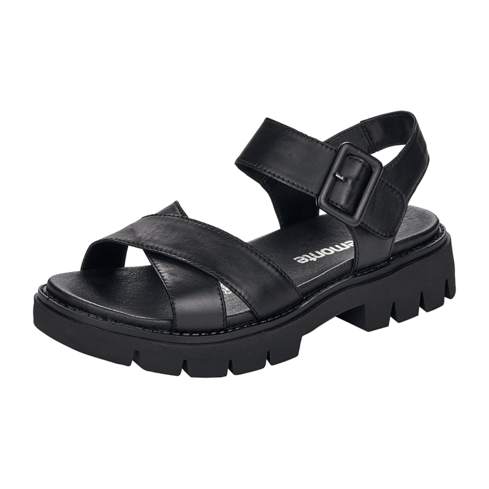 Remonte Women's Black Leather Strappy Sandals with Velcro and Cushioned Sole