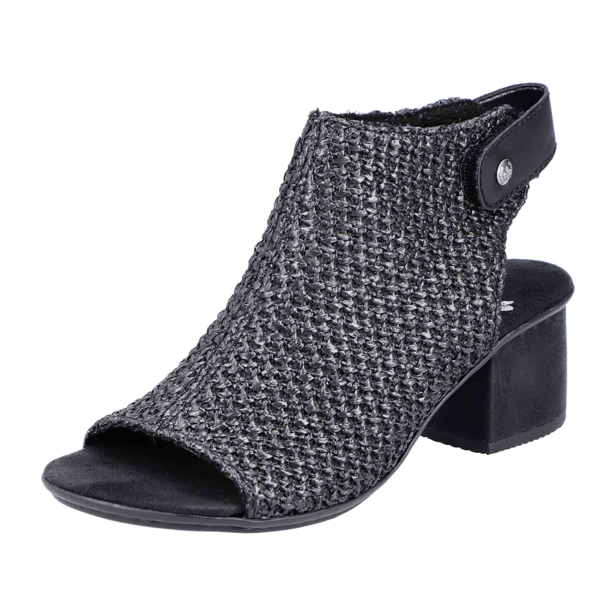 Rieker Women's Black Sandals with Velcro Strap and Block Heel