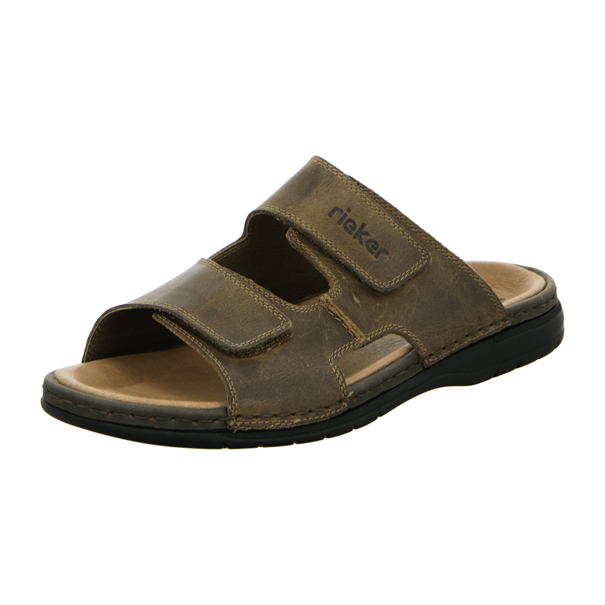 Rieker Brown Leather Pantolette Comfortable Slip-On Sandals with Velcro Strap