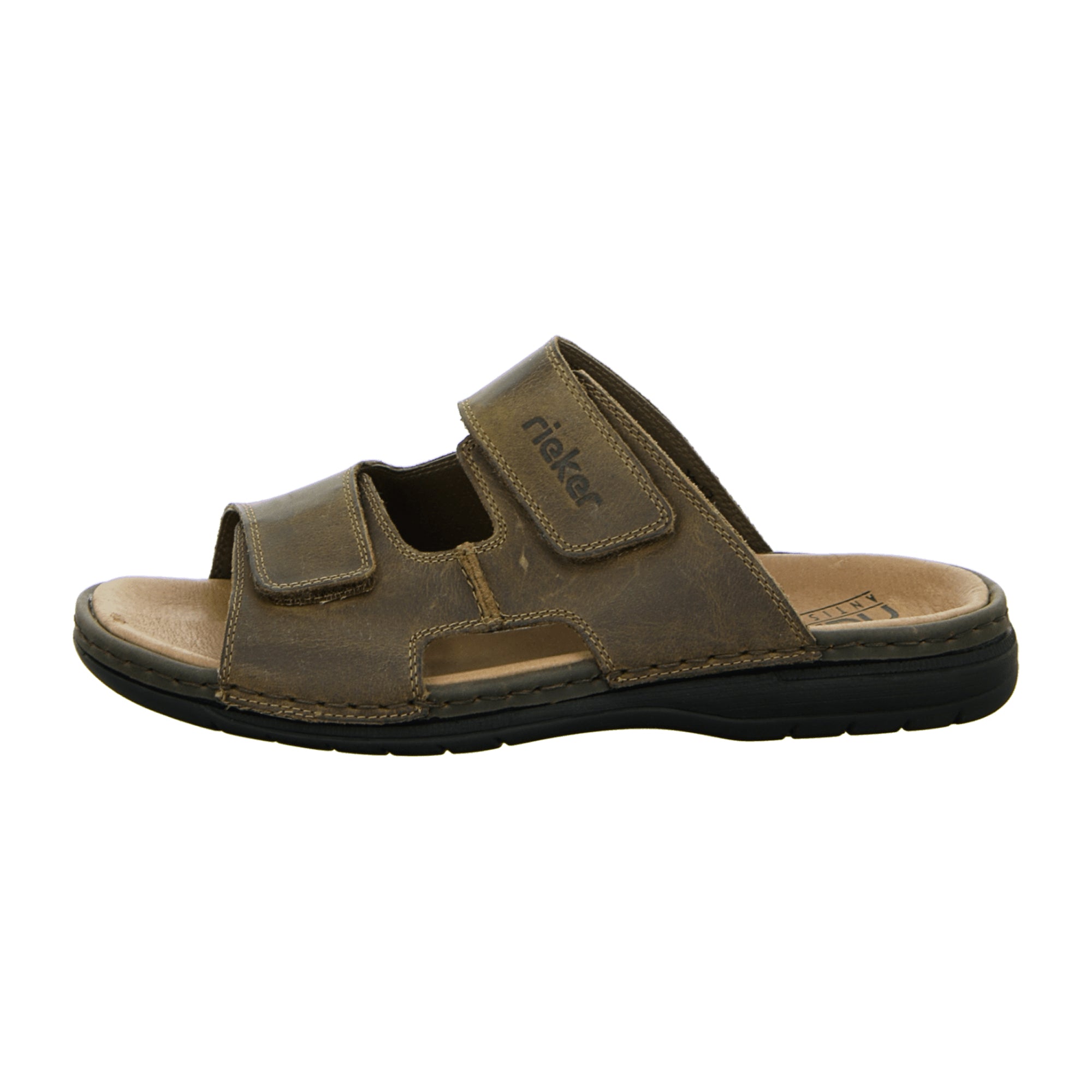 Rieker Brown Leather Pantolette Comfortable Slip-On Sandals with Velcro Strap