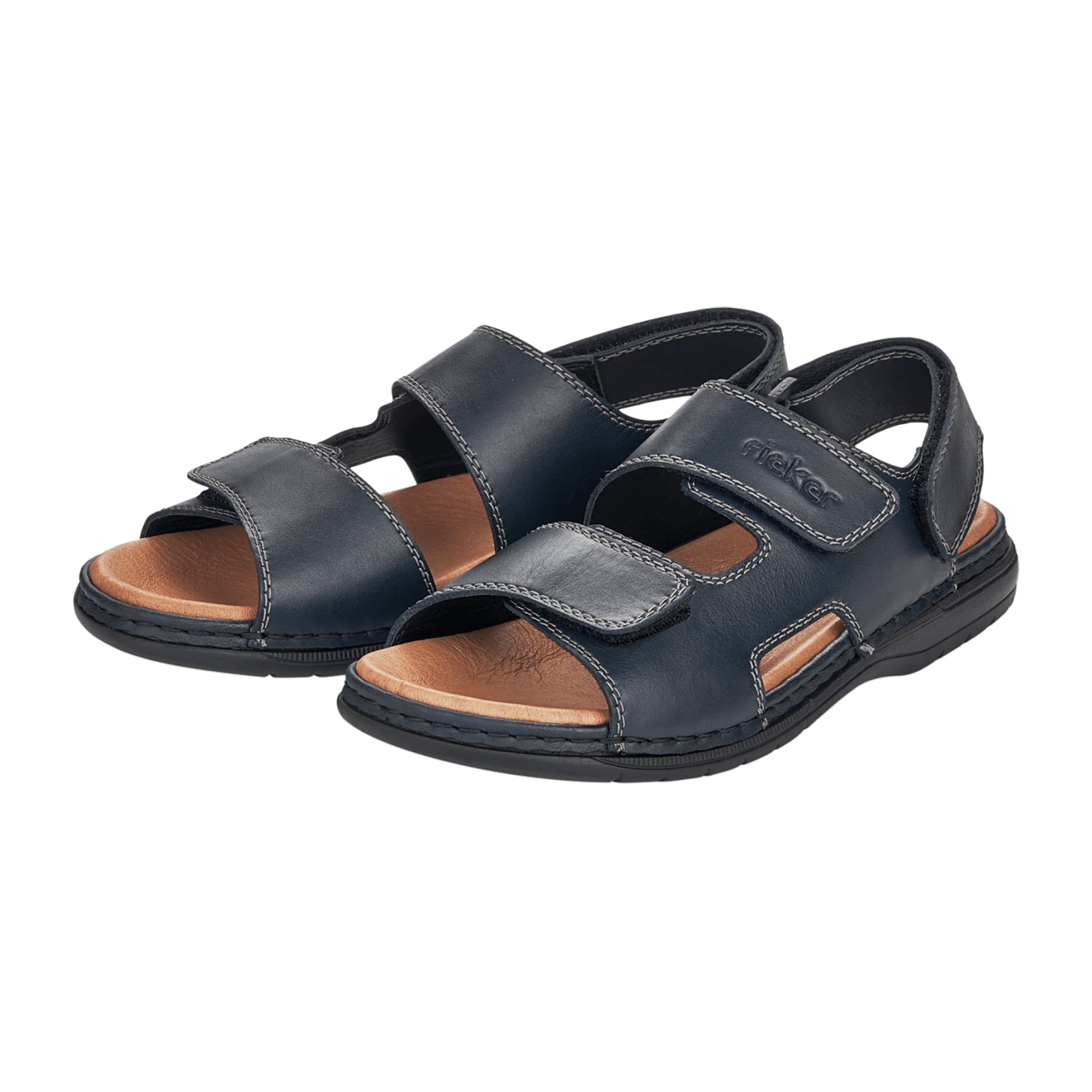 Rieker Men's Blue Leather Sandals Comfortable Shock Absorbing Easy Velcro Strap