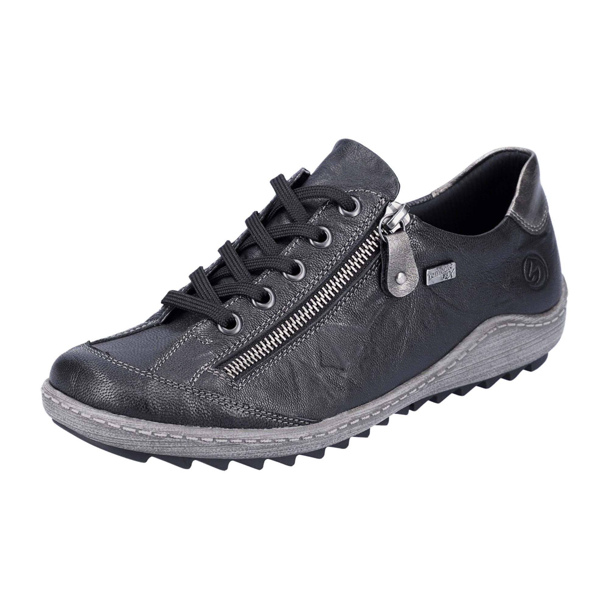 Remonte Black Leather Women's Shoes with Laces and Side Zipper