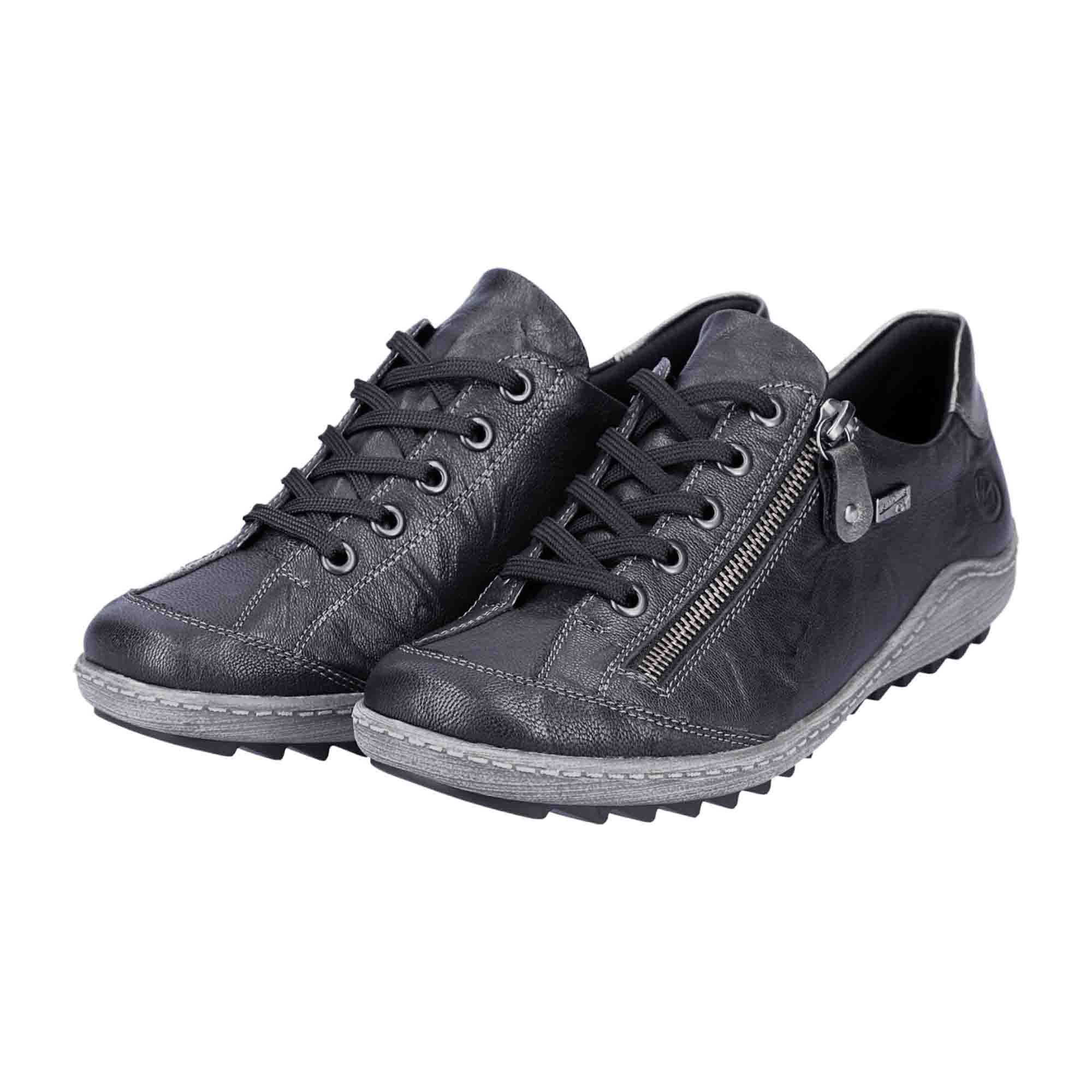 Remonte Black Leather Women's Shoes with Laces and Side Zipper