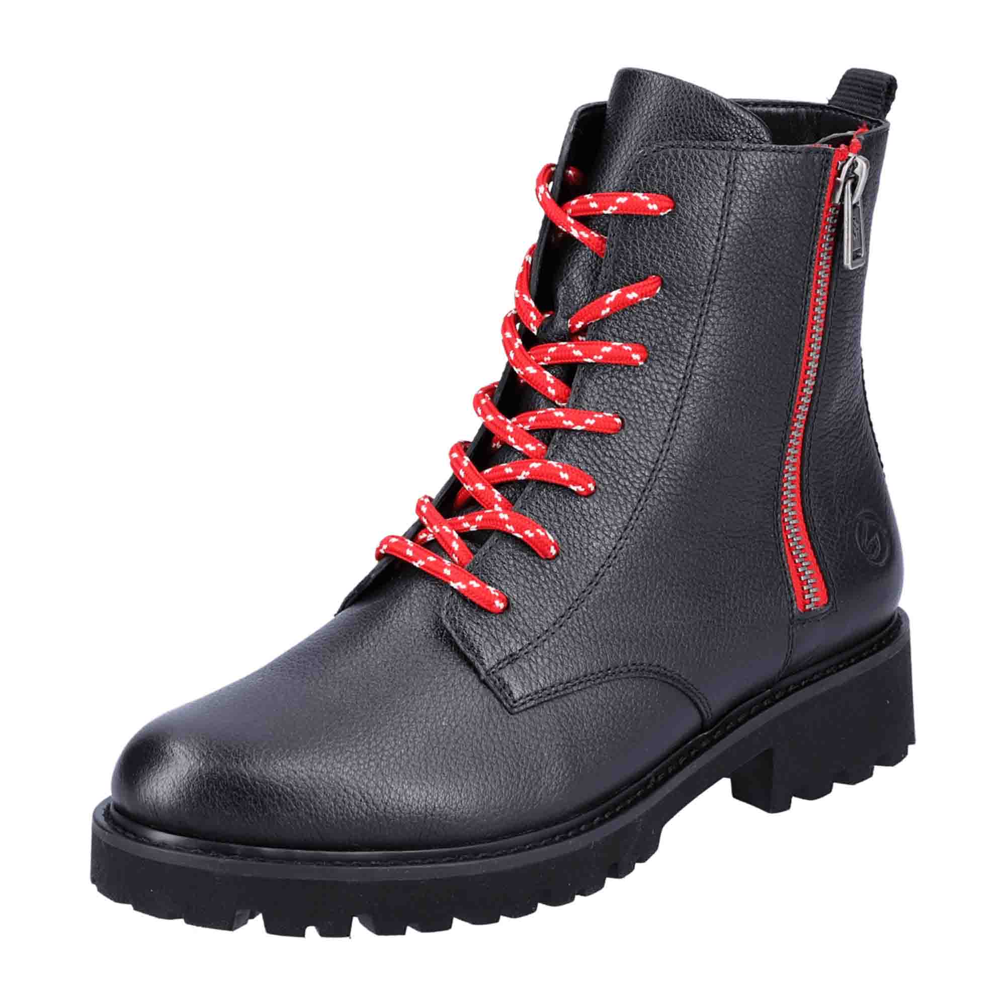 Remonte Women's Black Ankle Boots with Interchangeable Laces and Red Zipper